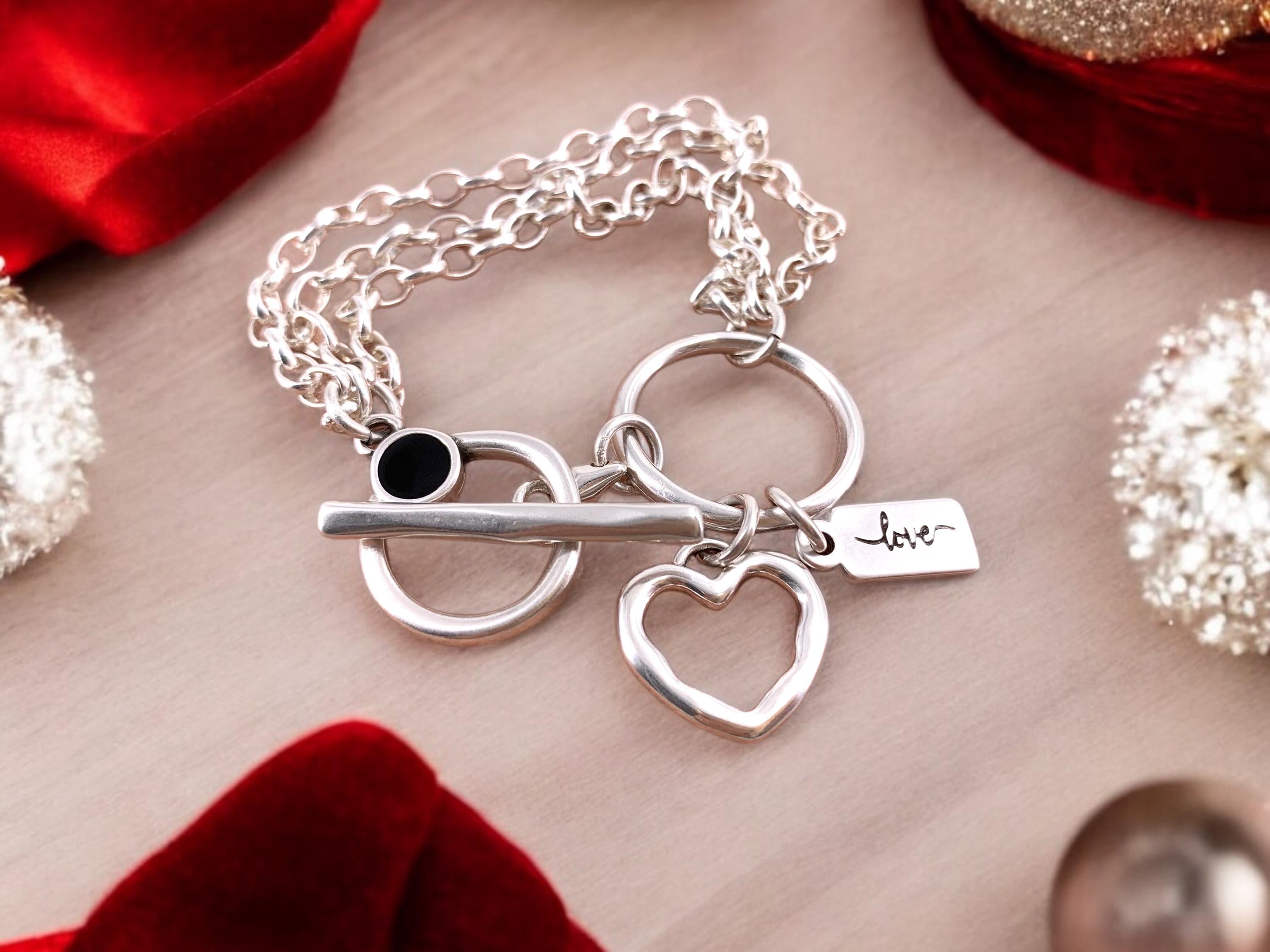 Multi strand silver chain bracelet with toggle clasps and heart charm, heart bracelets, wrap silver bracelet, uno de 50 style, chunky bracel