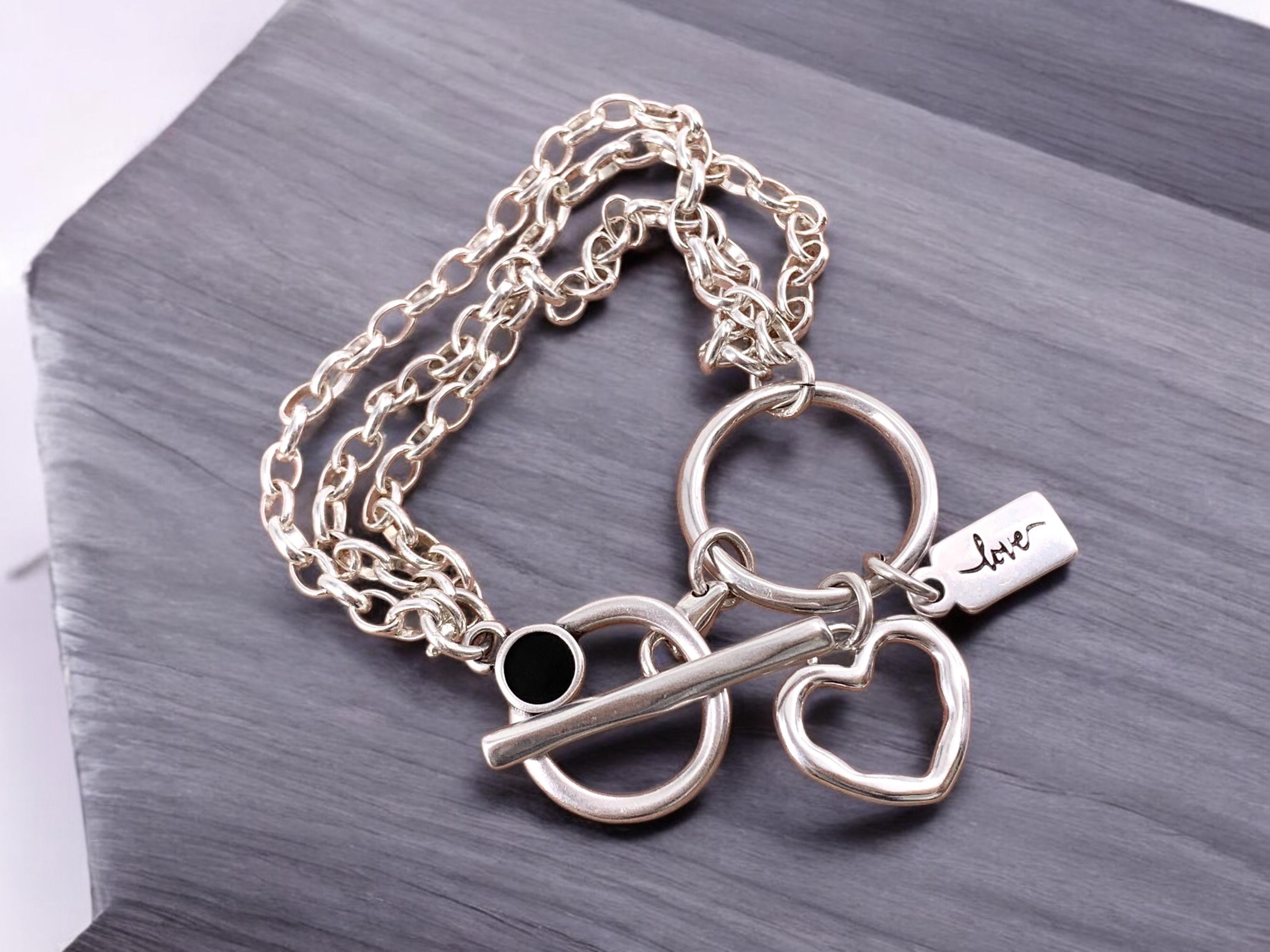 Multi strand silver chain bracelet with toggle clasps and heart charm, heart bracelets, wrap silver bracelet, uno de 50 style, chunky bracel
