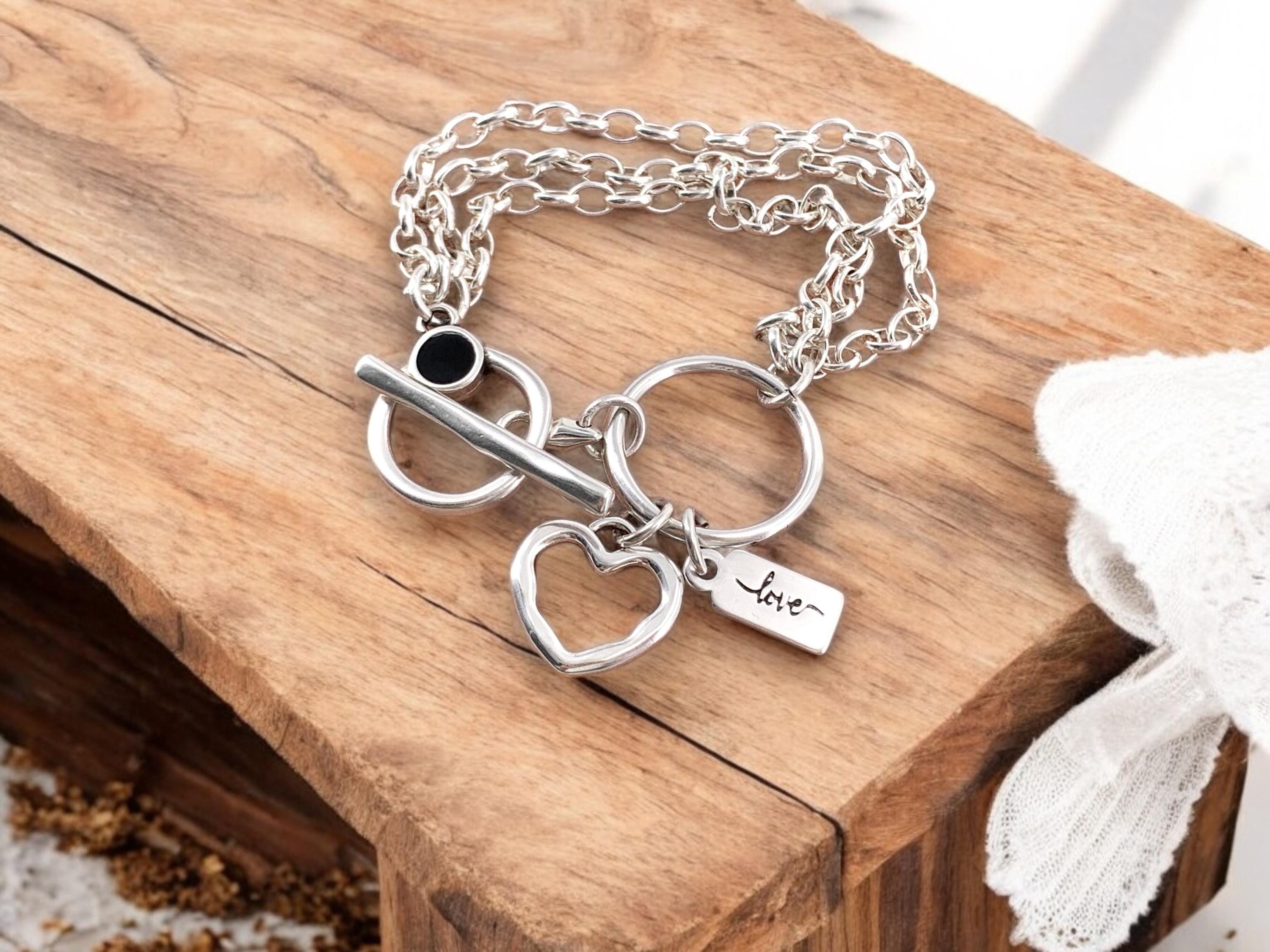 Multi strand silver chain bracelet with toggle clasps and heart charm, heart bracelets, wrap silver bracelet, uno de 50 style, chunky bracel