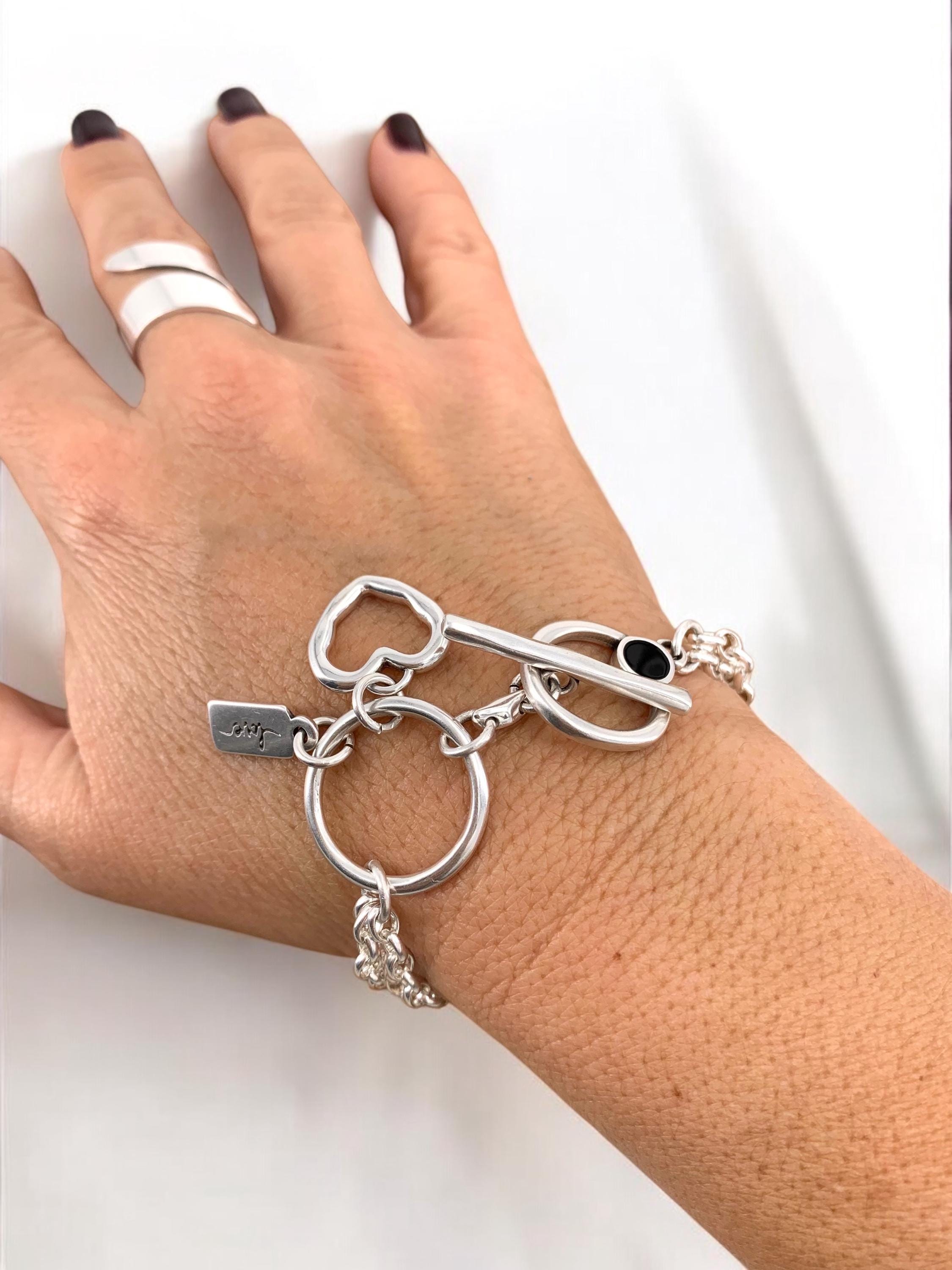 Multi strand silver chain bracelet with toggle clasps and heart charm, heart bracelets, wrap silver bracelet, uno de 50 style, chunky bracel