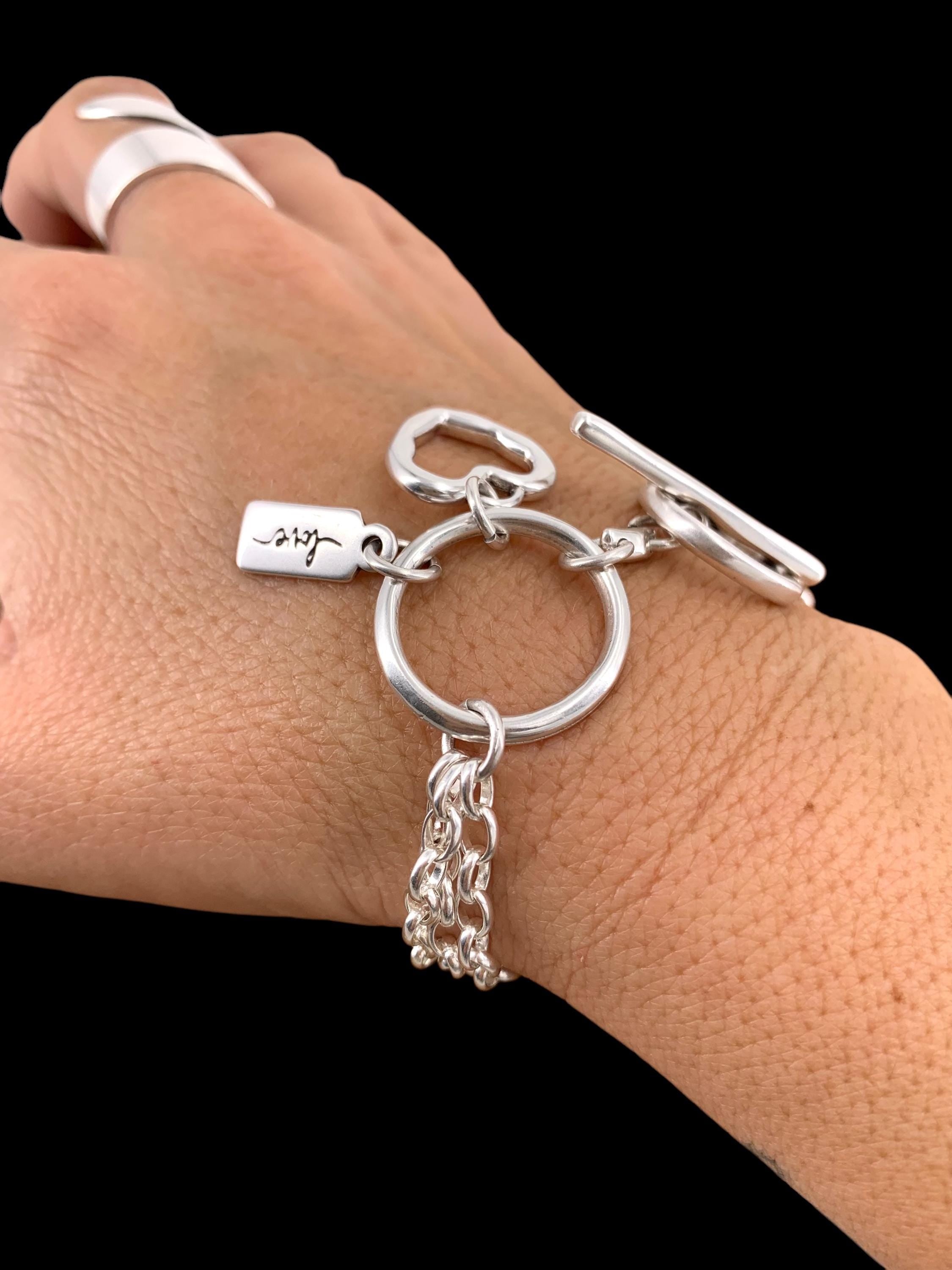 Multi strand silver chain bracelet with toggle clasps and heart charm, heart bracelets, wrap silver bracelet, uno de 50 style, chunky bracel
