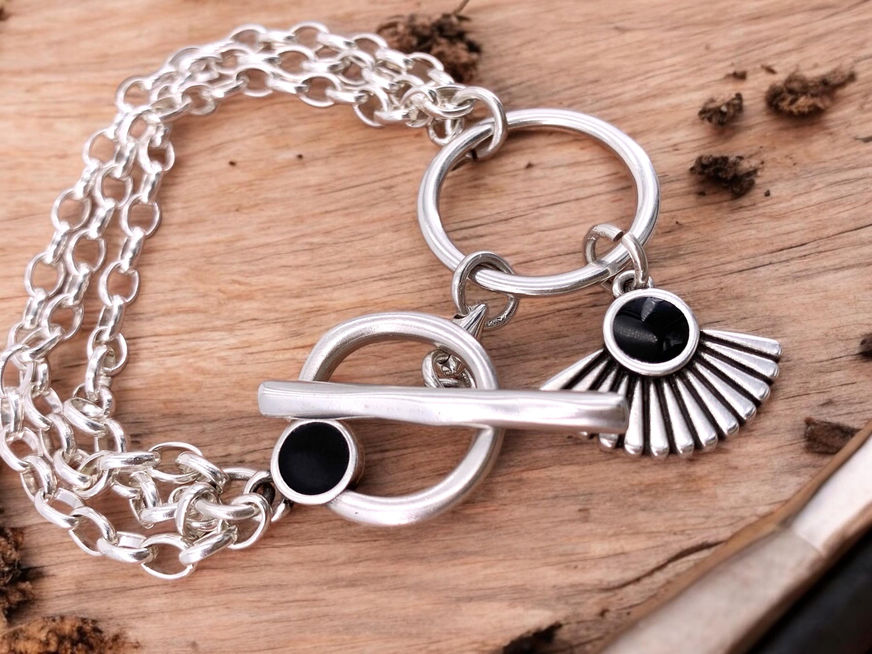 Multi strand silver chain bracelet with toggle clasp and tribal charms, custom handmade jewelry