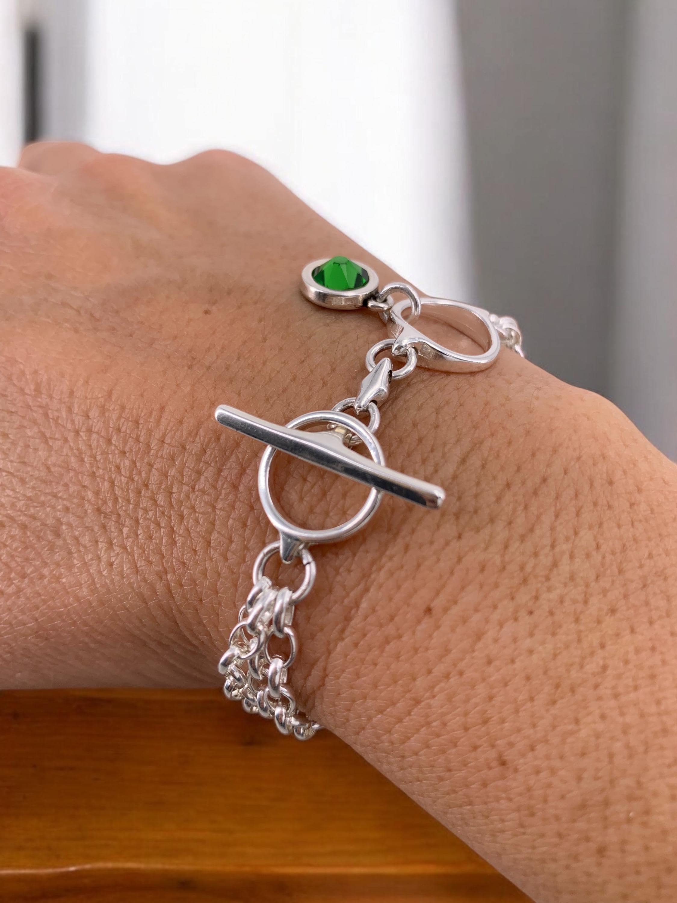 Multi strand silver chain bracelet with toggle clasps and Swarovski crystal charm, boho bracelet, wrap silver bracelet, uno de 50 style,