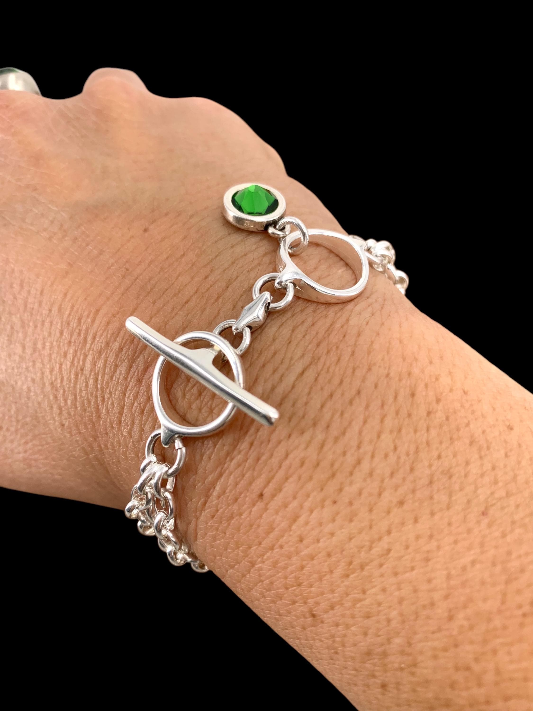 Multi strand silver chain bracelet with toggle clasps and Swarovski crystal charm, boho bracelet, wrap silver bracelet, uno de 50 style,