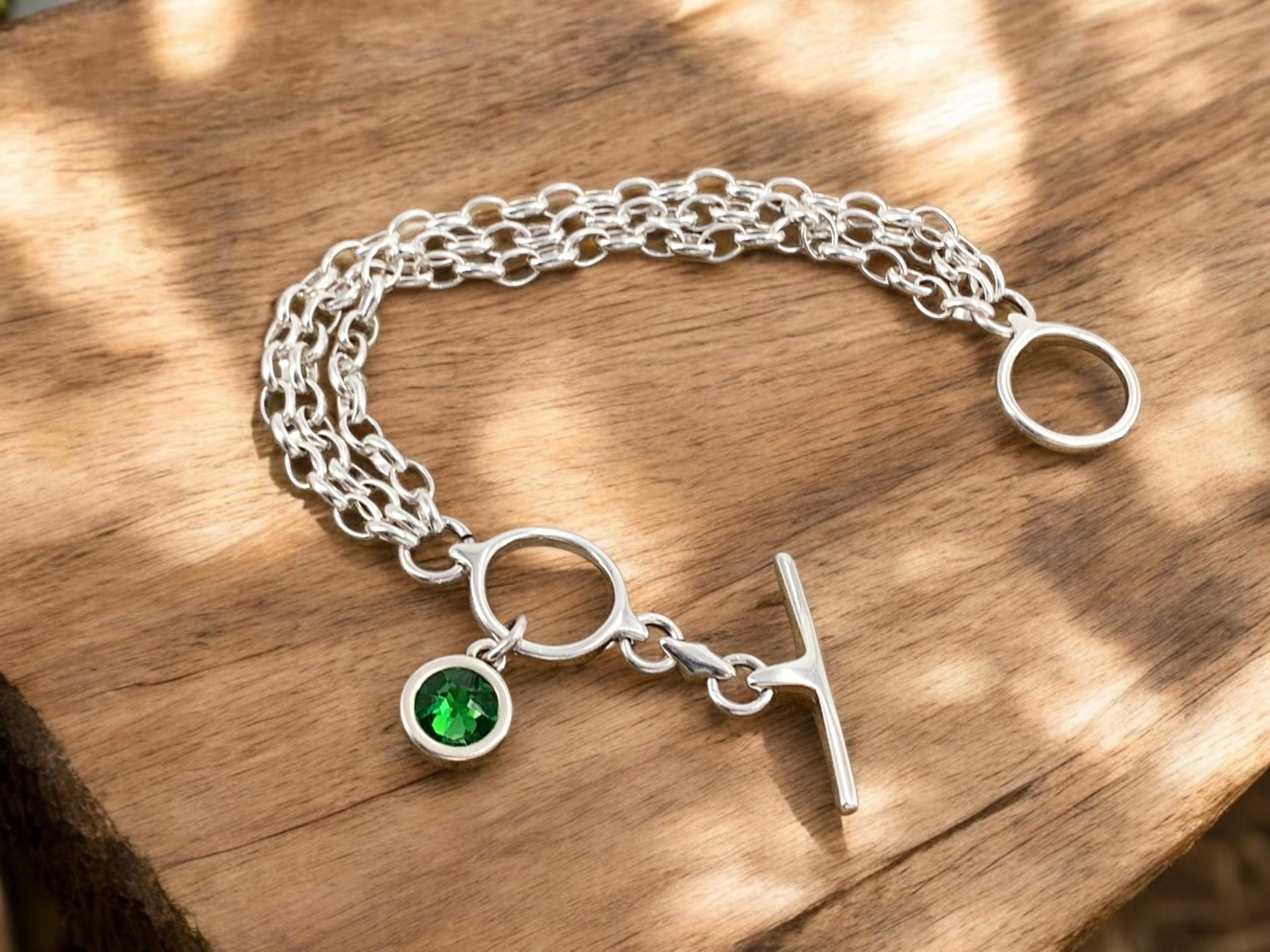 Multi strand silver chain bracelet with toggle clasps and Swarovski crystal charm, boho bracelet, wrap silver bracelet, uno de 50 style,