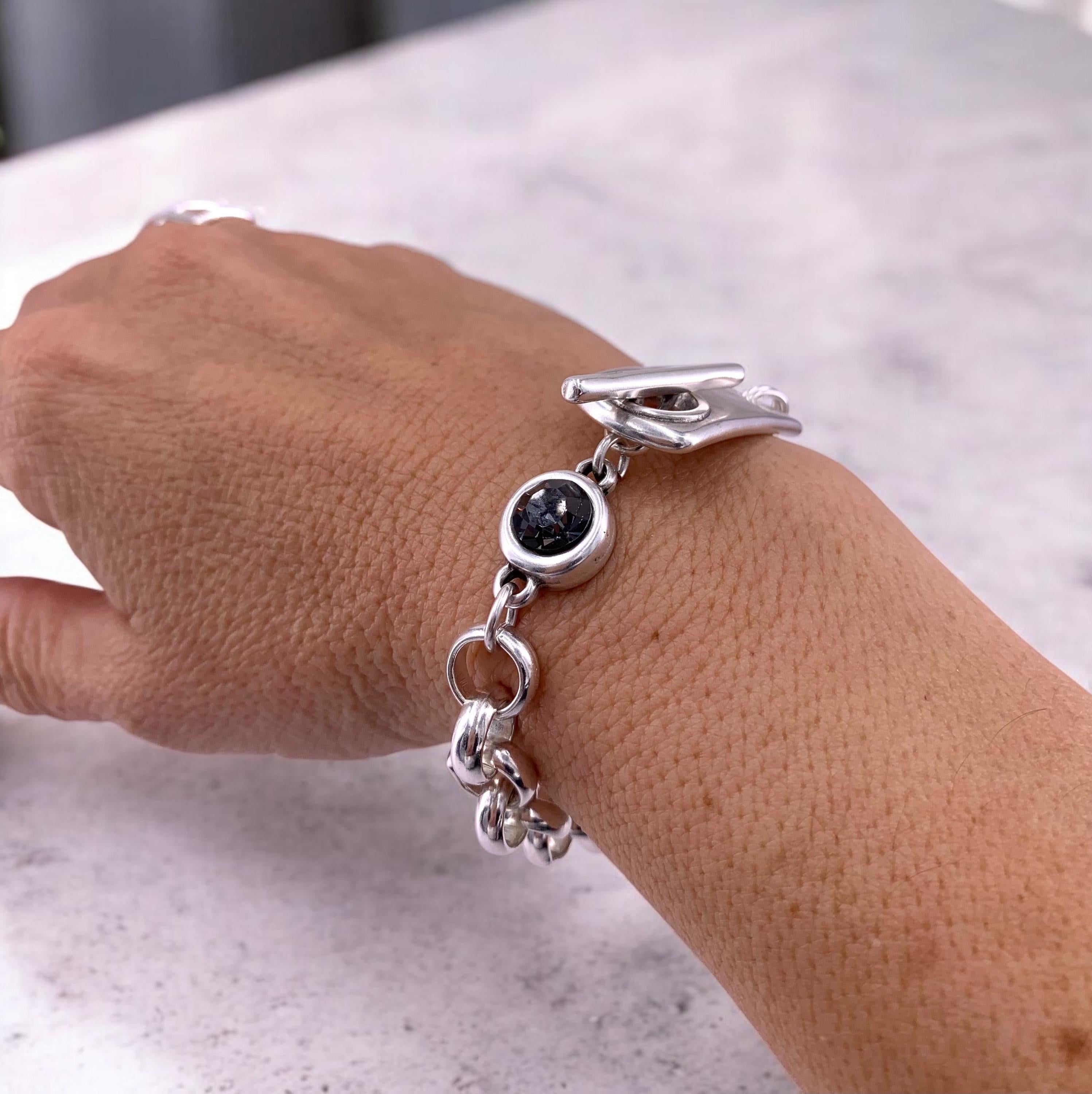 Chunky silver chain bracelet with toggle clasp and Swarovski crystal, thick rolo chain silver bracelet, gift for women, statement bracelet