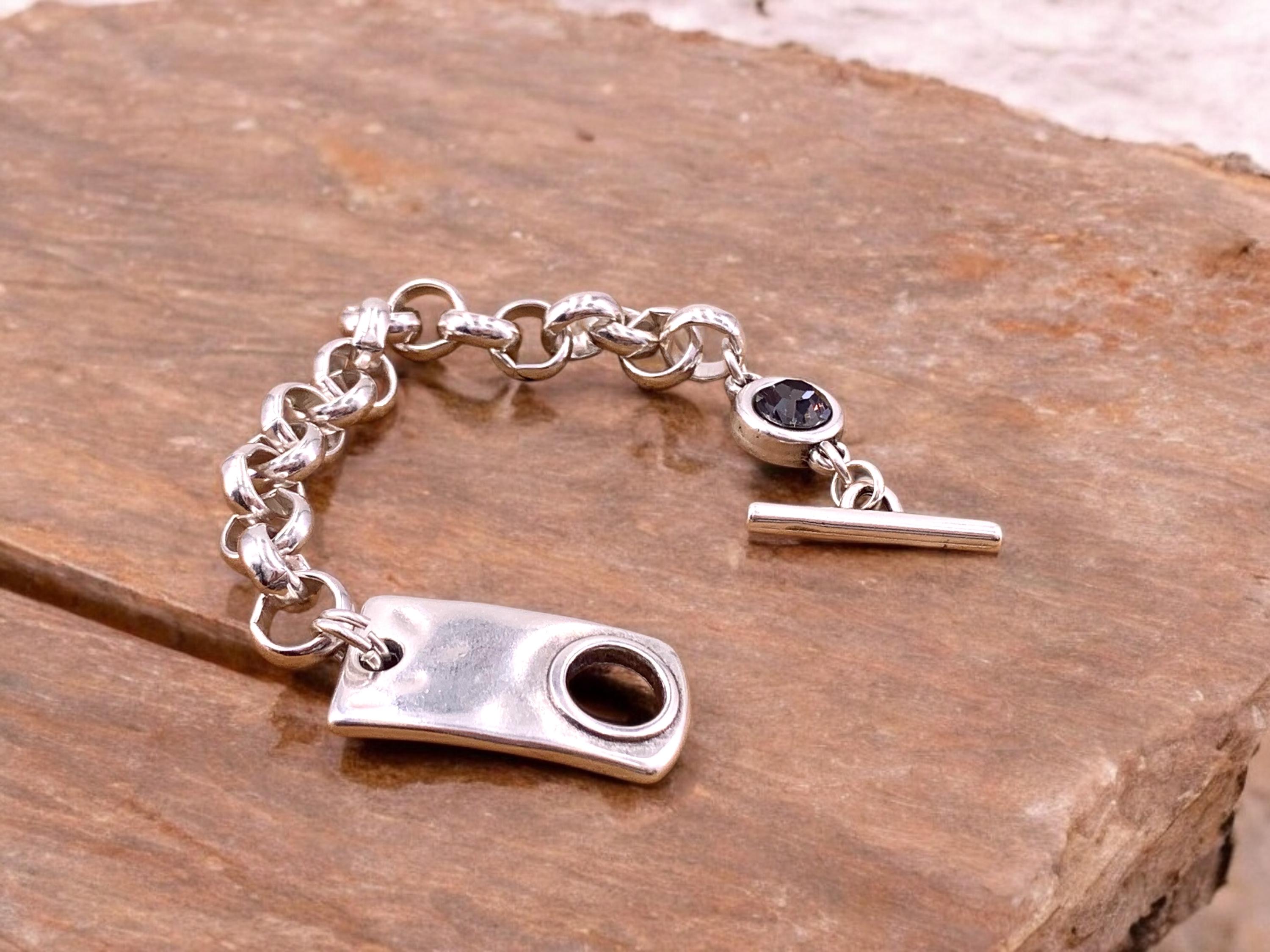 Chunky silver chain bracelet with toggle clasp and Swarovski crystal, thick rolo chain silver bracelet, gift for women, statement bracelet
