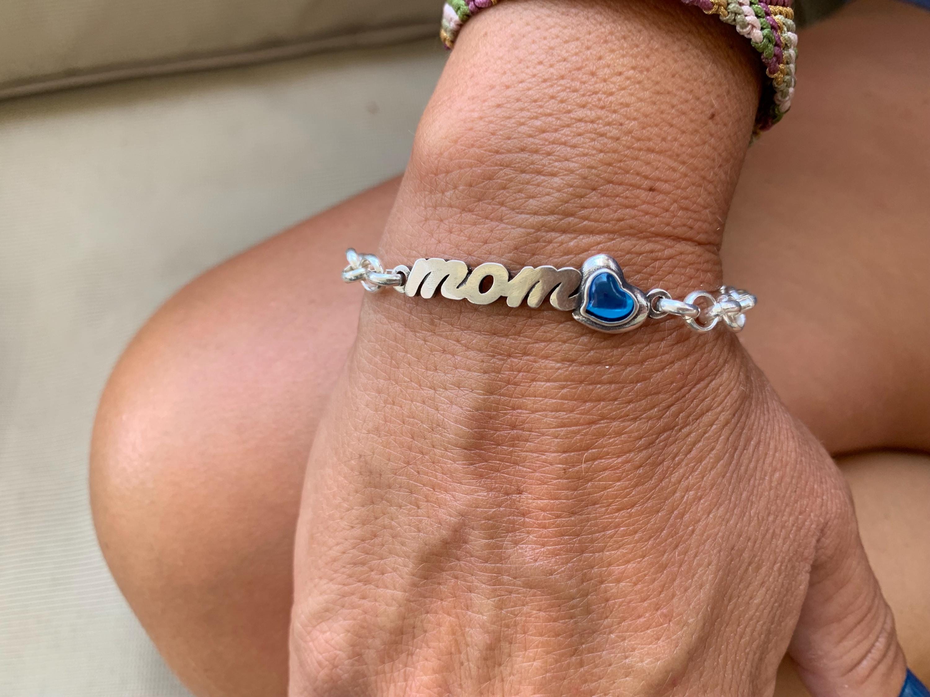 Silver “Mom” Bracelet with Blue Heart Crystal – Personalized Rolo Chain Gift – Adjustable Fit – Women’s Jewelry - Mother perfect gift