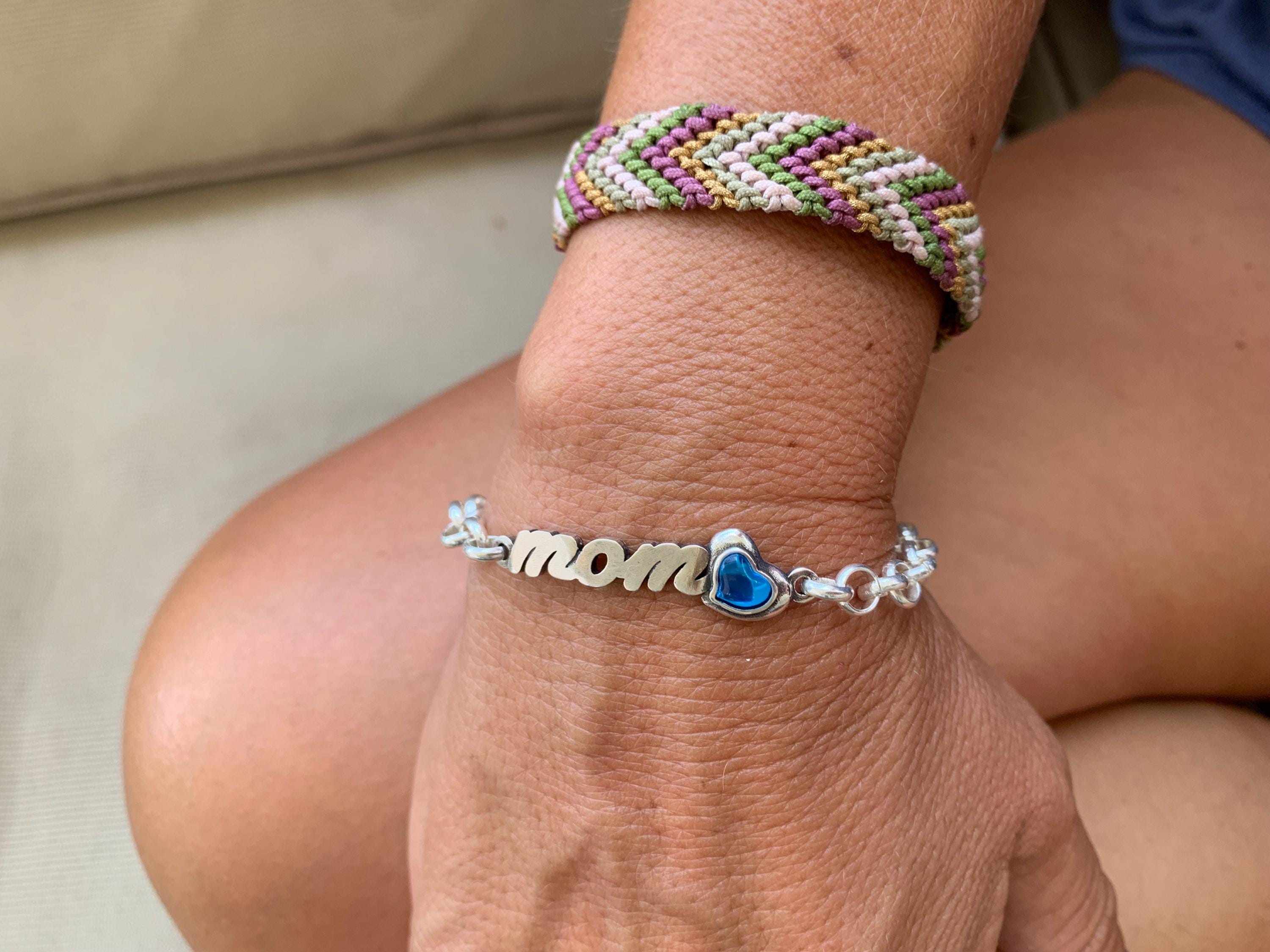 Silver “Mom” Bracelet with Blue Heart Crystal – Personalized Rolo Chain Gift – Adjustable Fit – Women’s Jewelry - Mother perfect gift