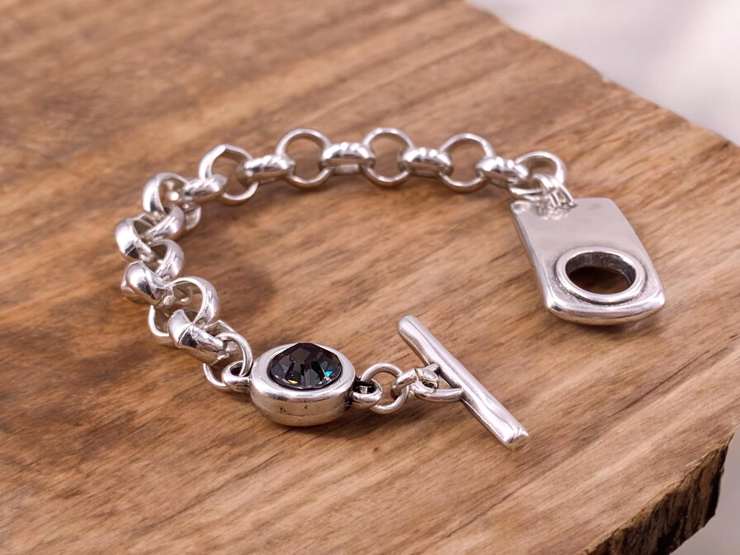 Chunky silver chain bracelet with toggle clasp and Swarovski crystal, thick rolo chain silver bracelet, gift for women, statement bracelet