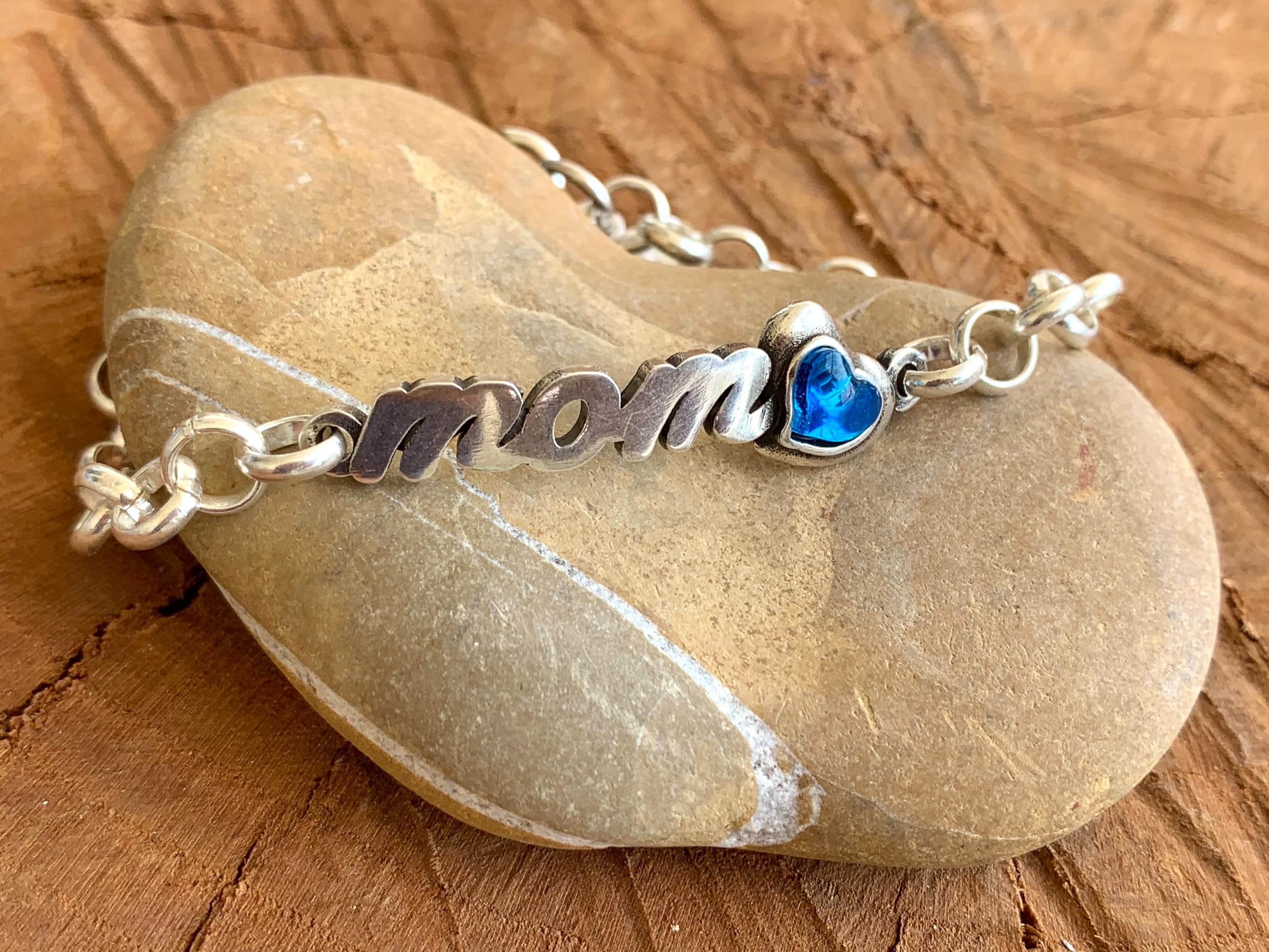 Silver “Mom” Bracelet with Blue Heart Crystal – Personalized Rolo Chain Gift – Adjustable Fit – Women’s Jewelry - Mother perfect gift