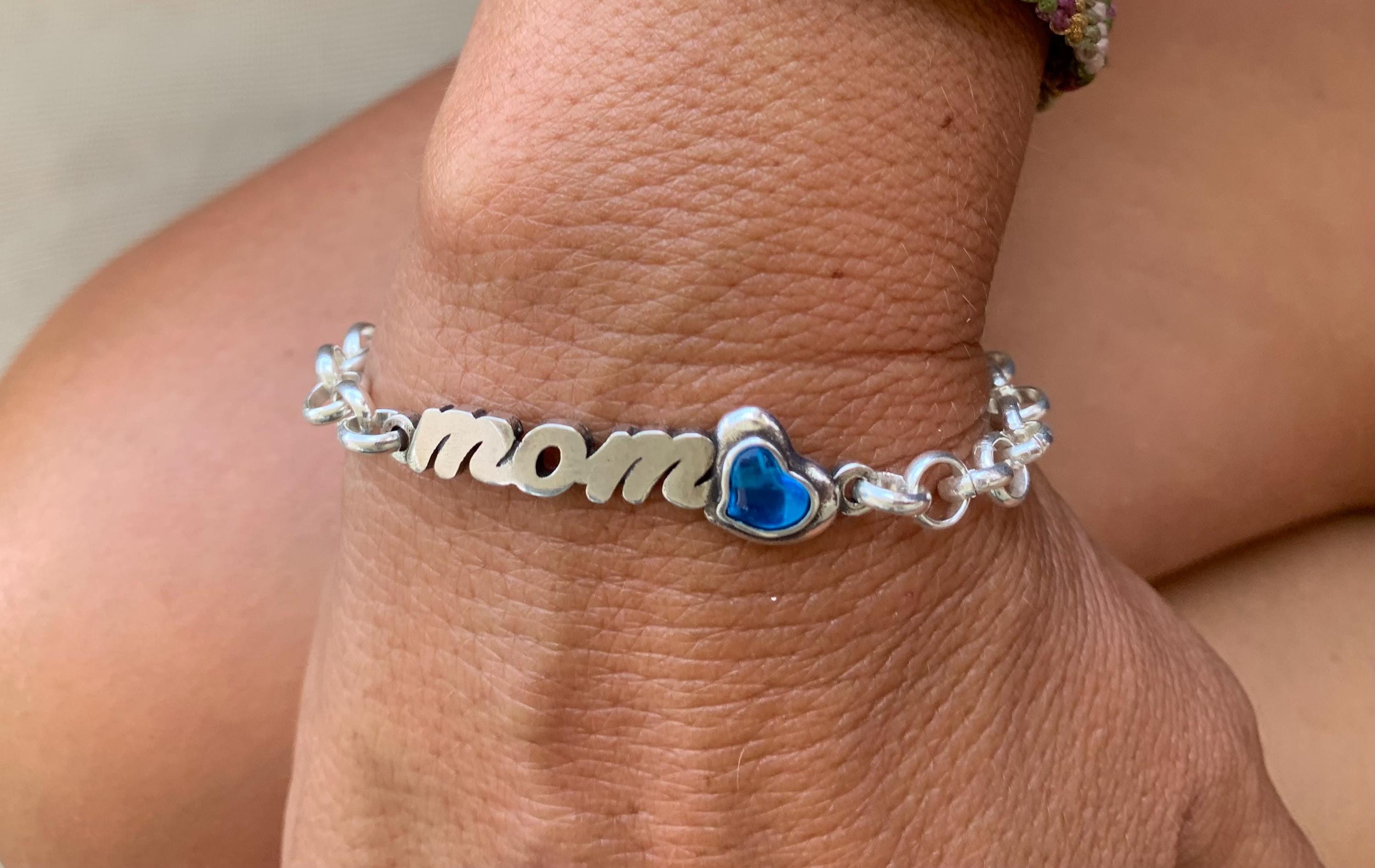Silver “Mom” Bracelet with Blue Heart Crystal – Personalized Rolo Chain Gift – Adjustable Fit – Women’s Jewelry - Mother perfect gift