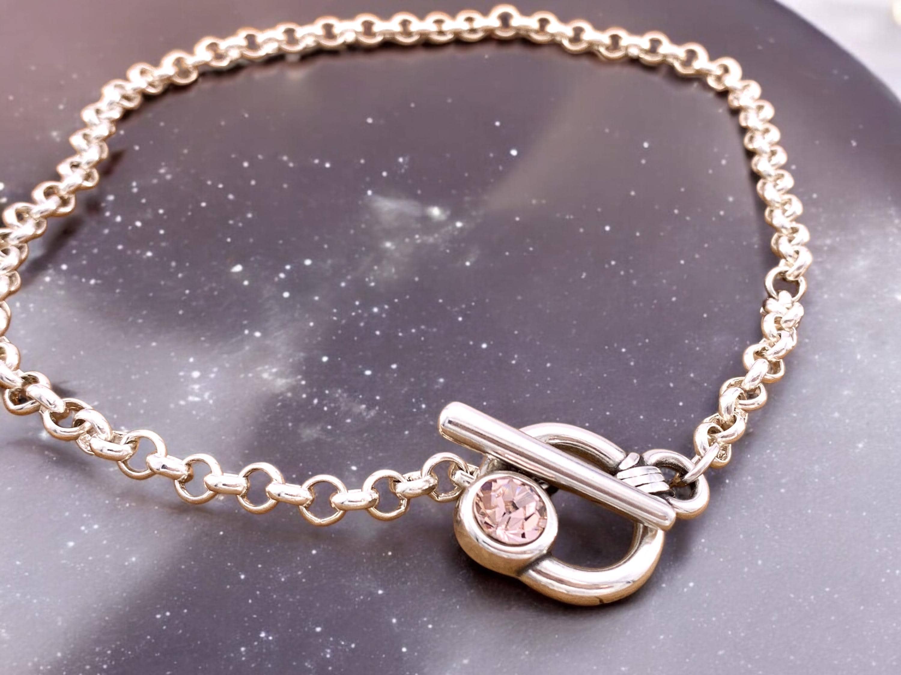 Chunky silver necklace made of sterling silver plated chain an Swarovski crystal, toggle clasp chunky necklace,