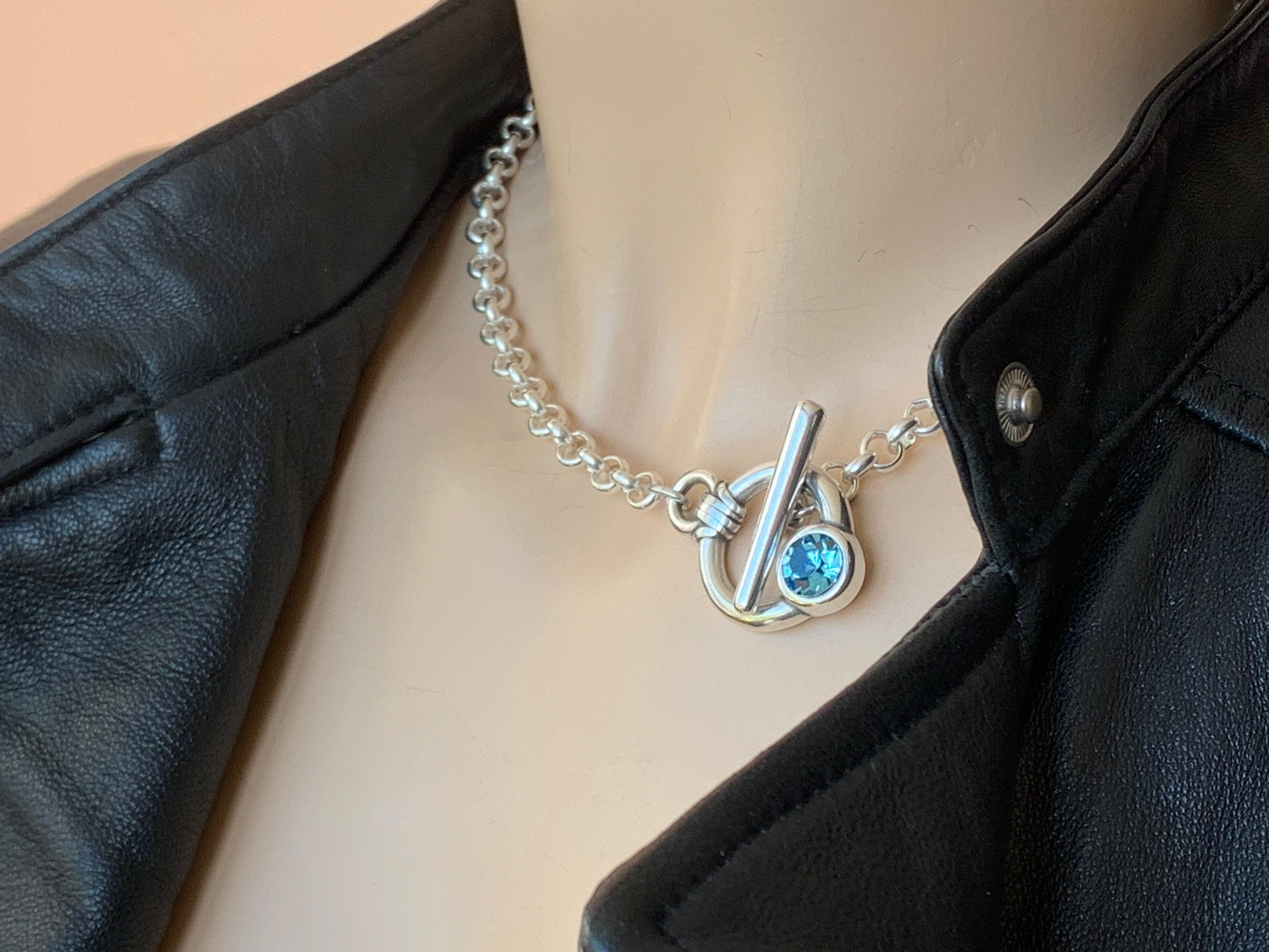 Chunky silver necklace made of sterling silver plated chain an Swarovski crystal, toggle clasp chunky necklace,