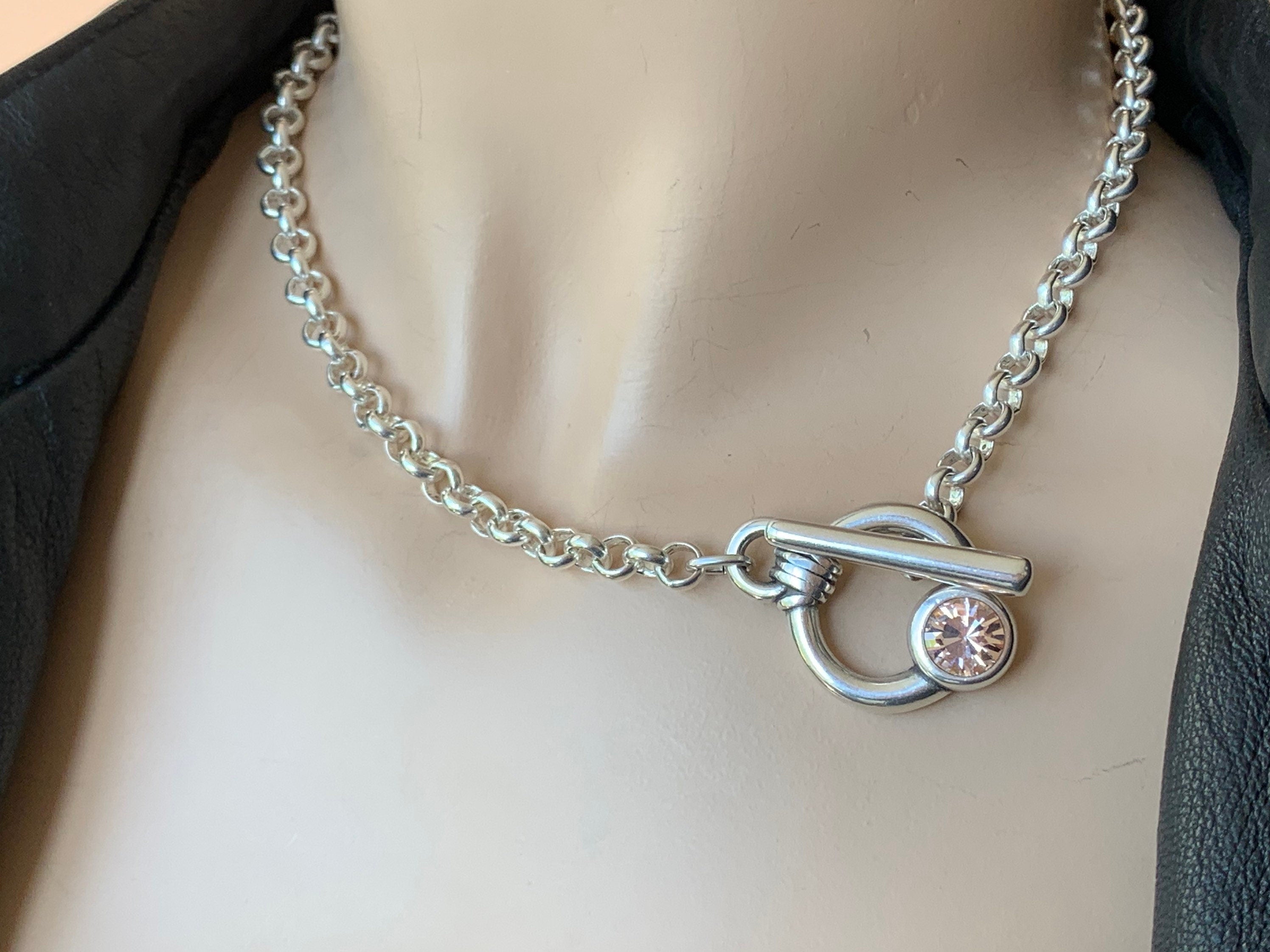 Chunky silver necklace made of sterling silver plated chain an Swarovski crystal, toggle clasp chunky necklace,