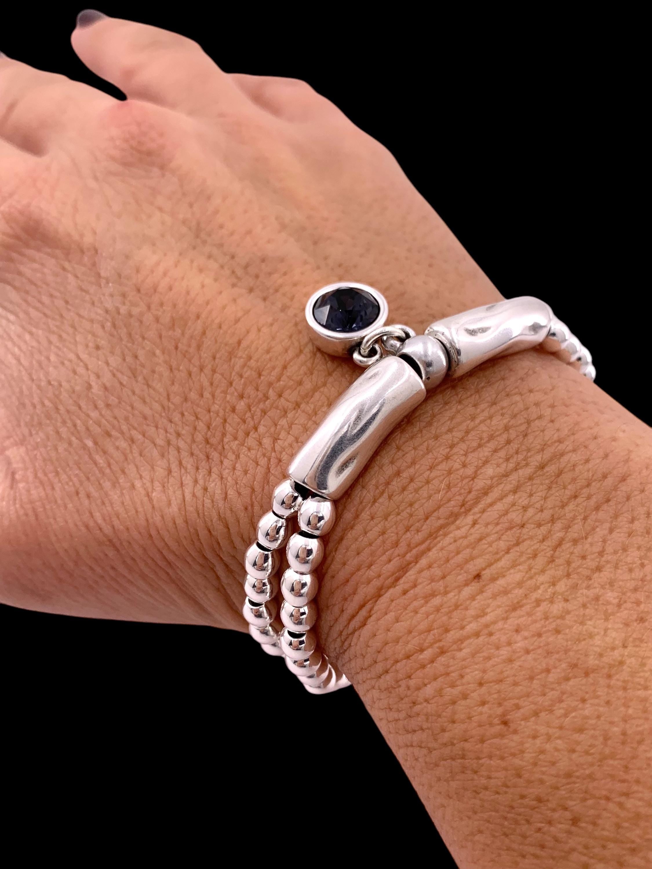 Woman boho leather silver beaded Bracelet with Swarovski crystal, silver bohemian bracelet, chunky silver beads bracelet, uno de 50 style,