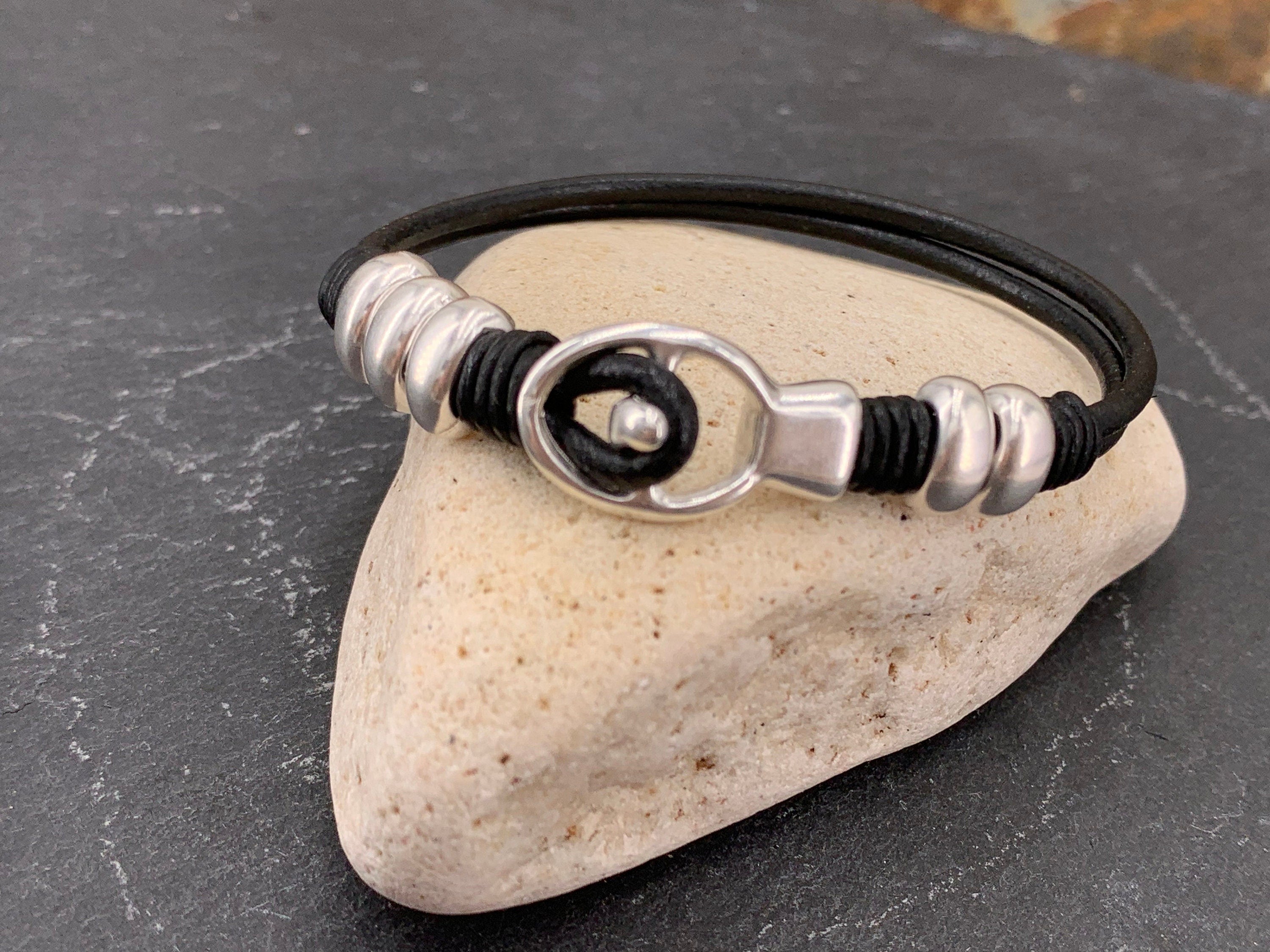leather bracelet for men, silver beaded leather bracelet, unisex leather bracelet, uno de 50 style, bohemian men bracelet, gift for men