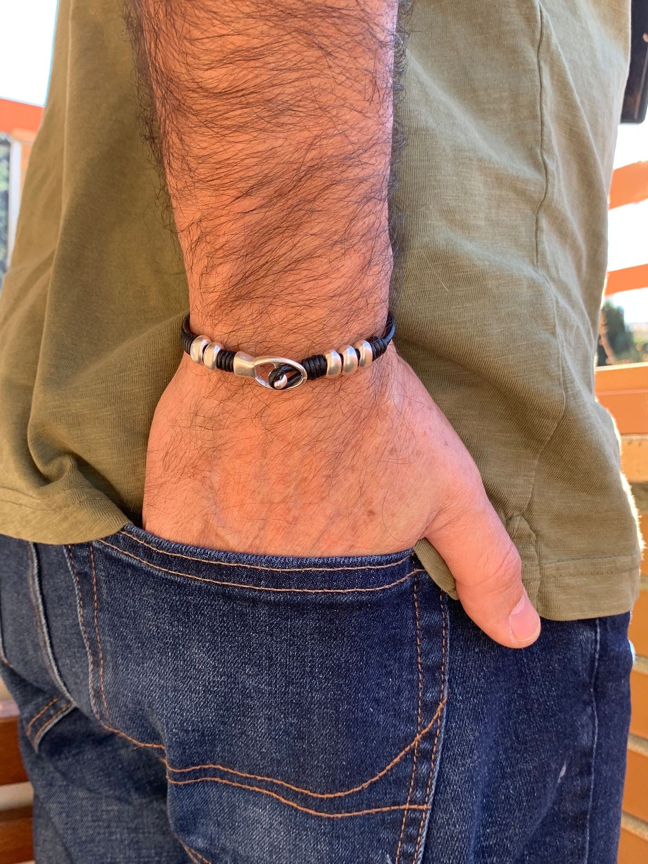 leather bracelet for men, silver beaded leather bracelet, unisex leather bracelet, uno de 50 style, bohemian men bracelet, gift for men