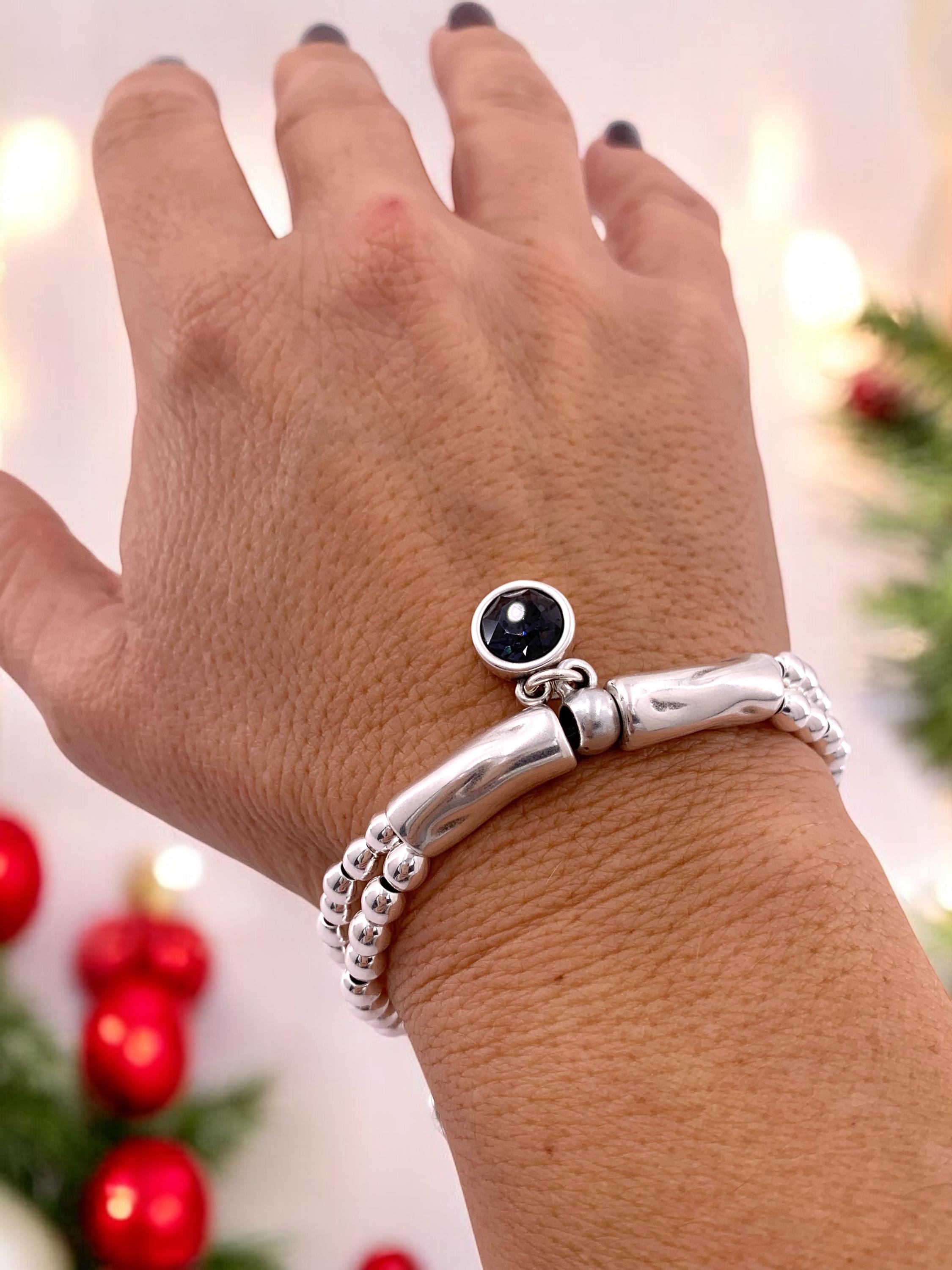 Woman boho leather silver beaded Bracelet with Swarovski crystal, silver bohemian bracelet, chunky silver beads bracelet, uno de 50 style,