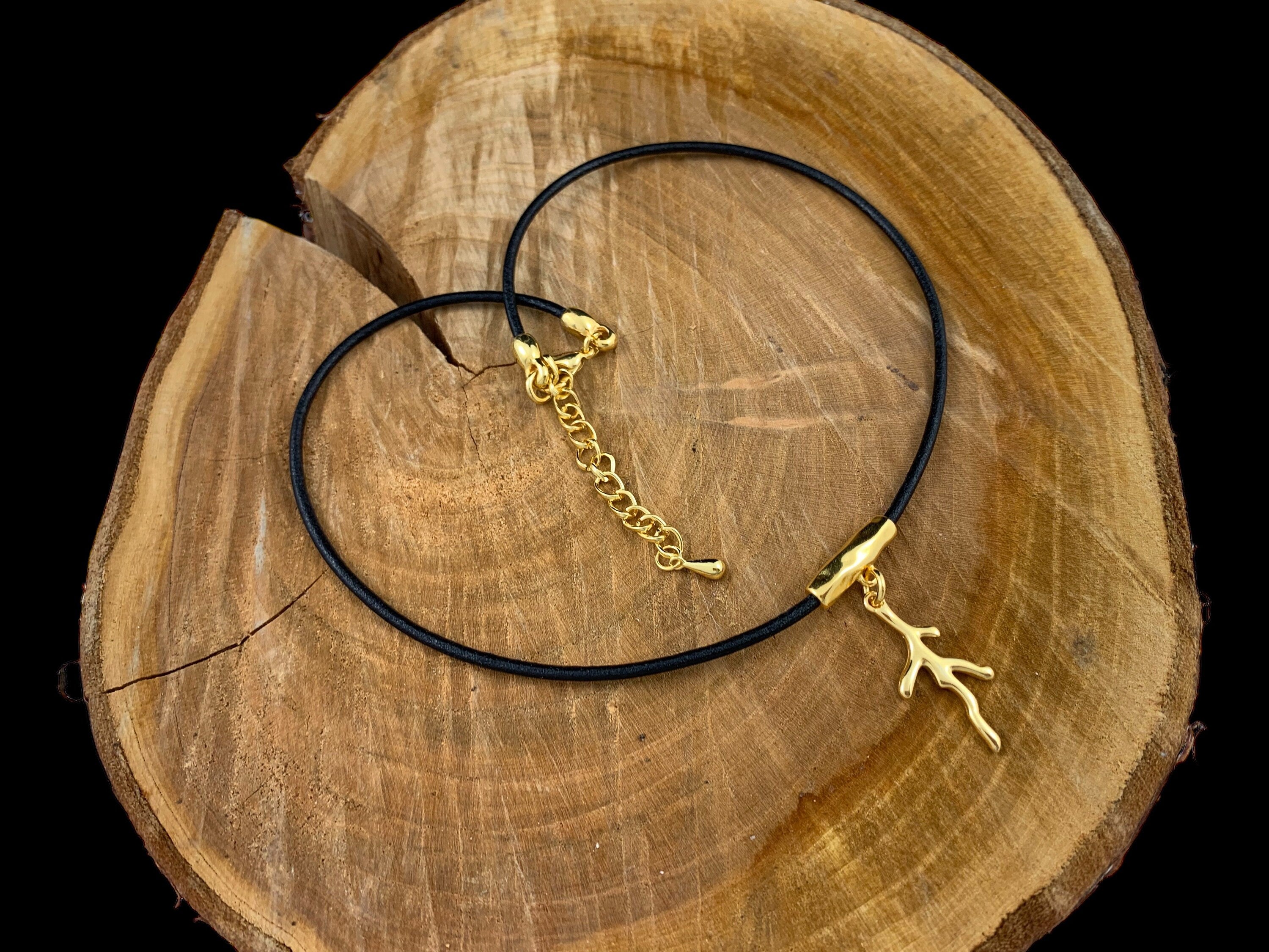 Minimalist Leather Choker: Gold Branch Pendant, Handmade in Spain