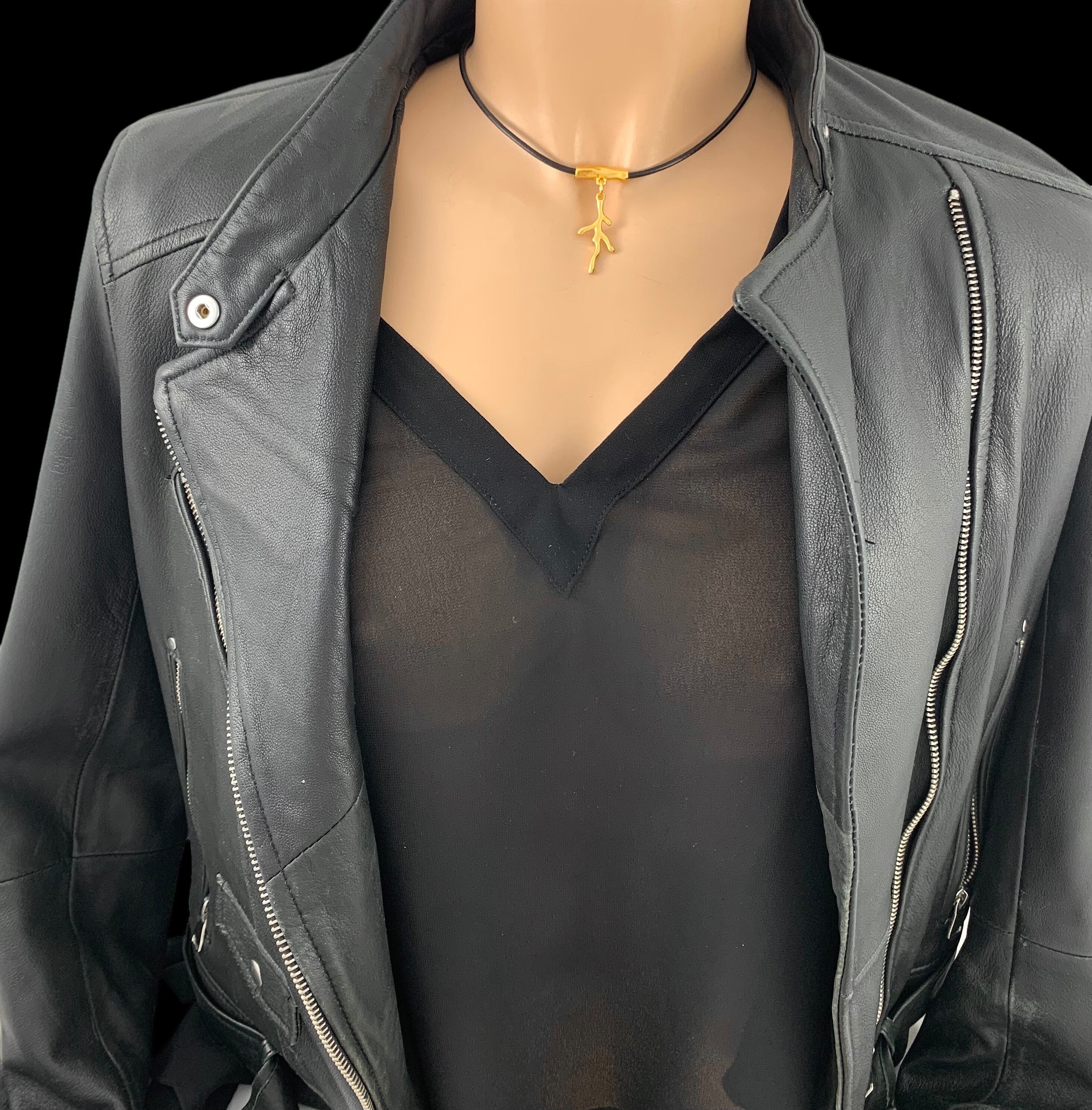 Minimalist Leather Choker: Gold Branch Pendant, Handmade in Spain