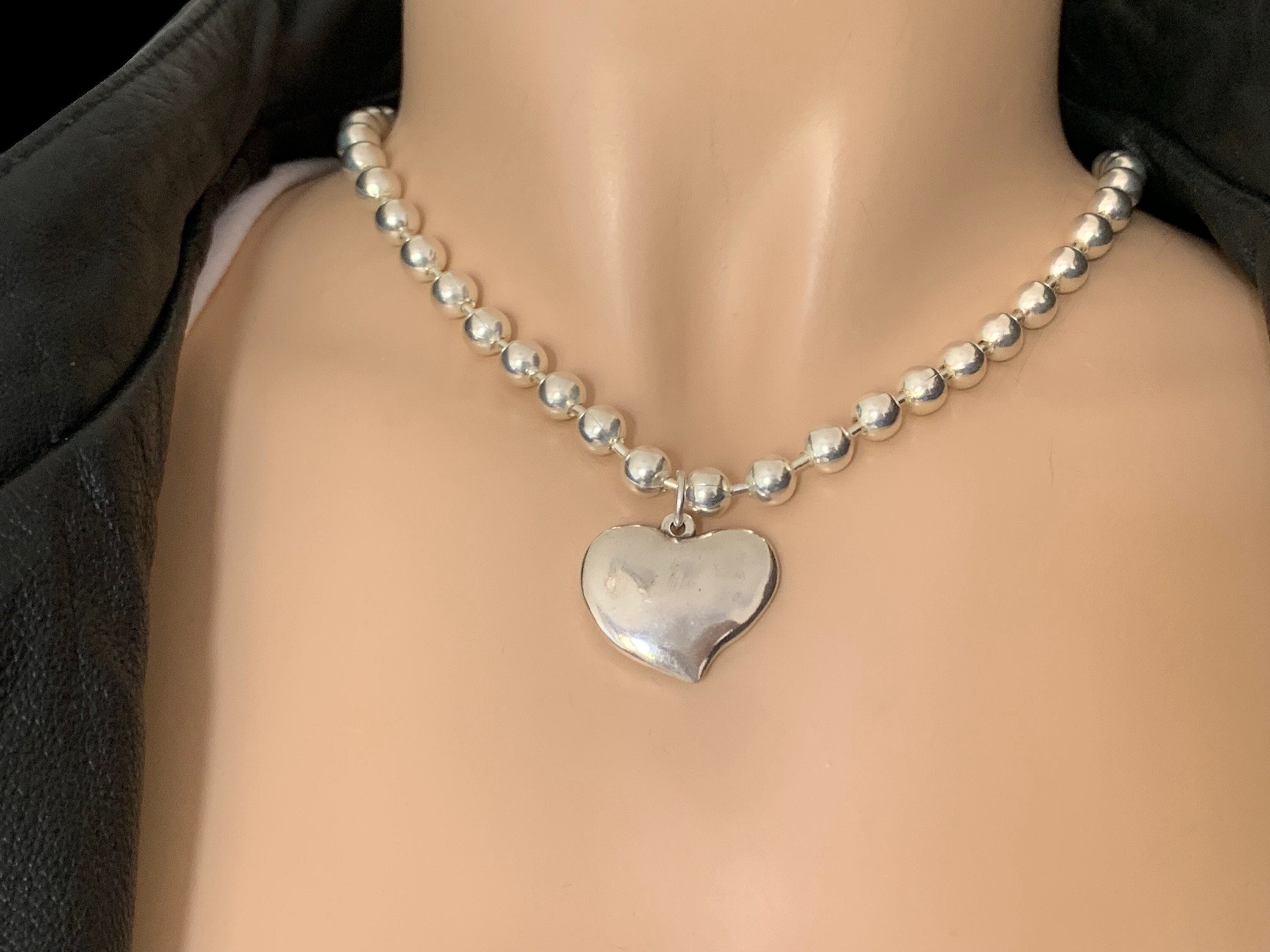 chunky balls silver chain necklace with heart pendant, thick ball chain necklace, uno de 50 style, silver choker, solid ball chain choker,