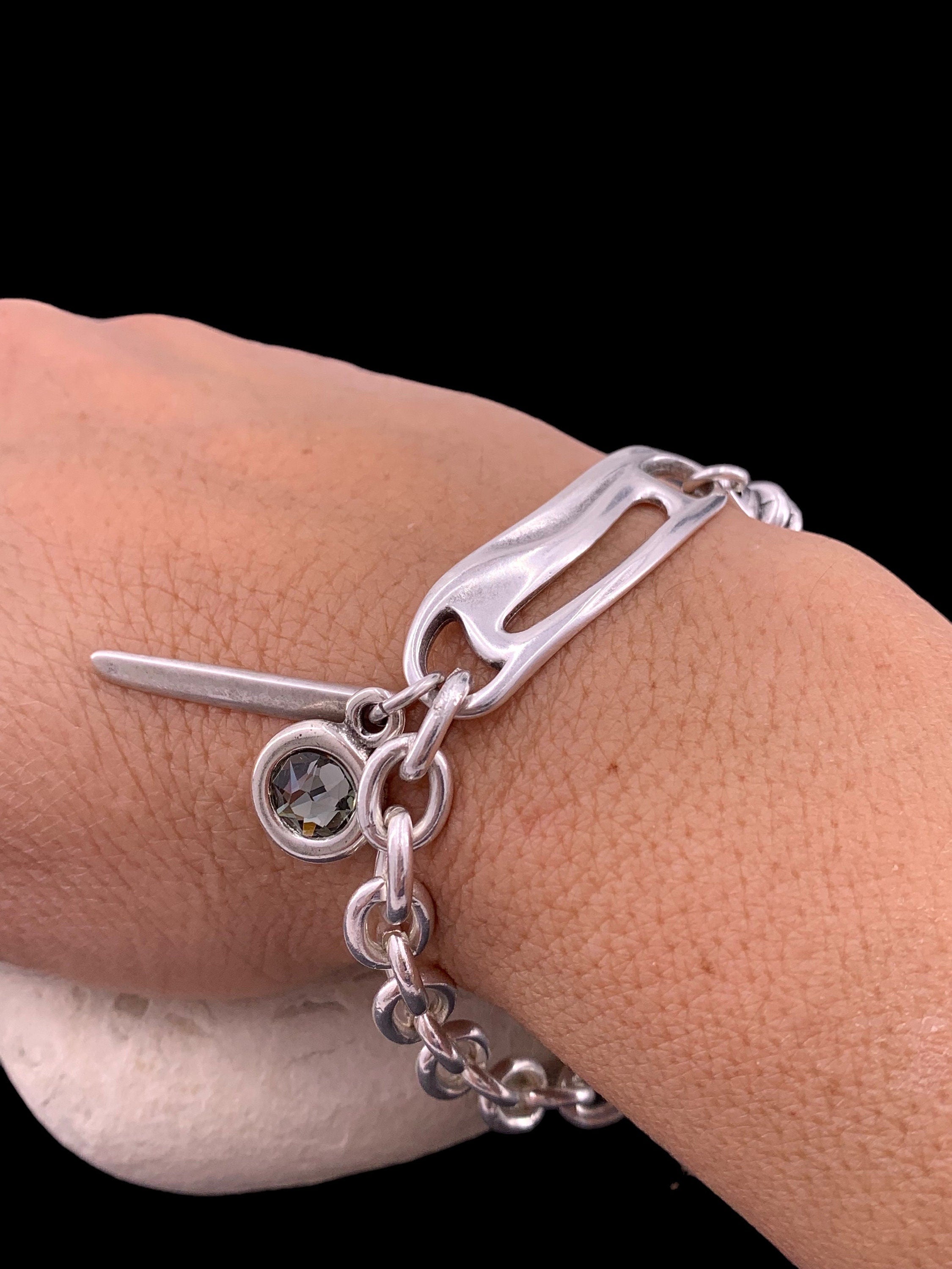 Chunky silver plated bracelet with Swarovski crystal charm, bold jewelry
