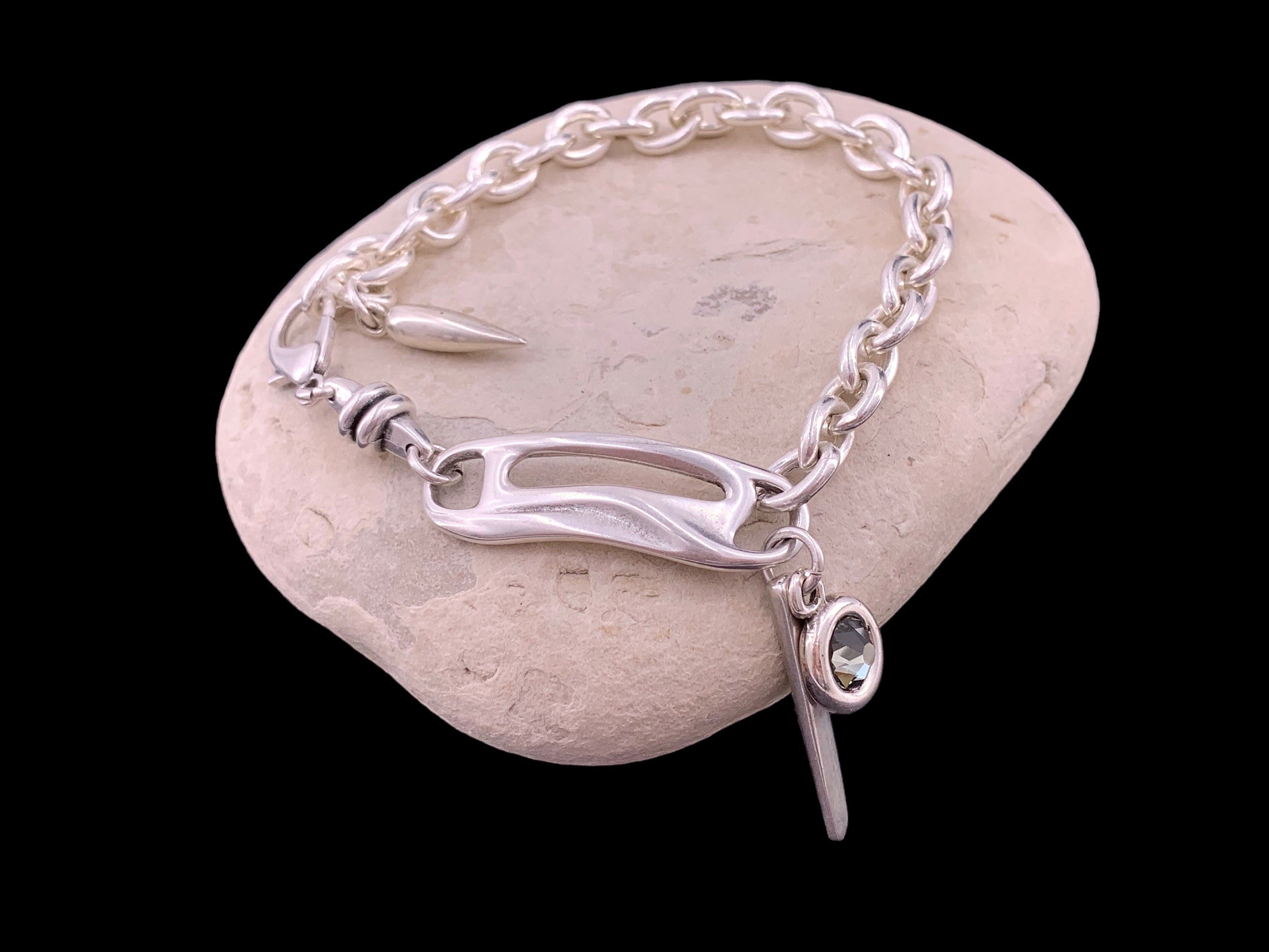 Chunky silver plated bracelet with Swarovski crystal charm, bold jewelry