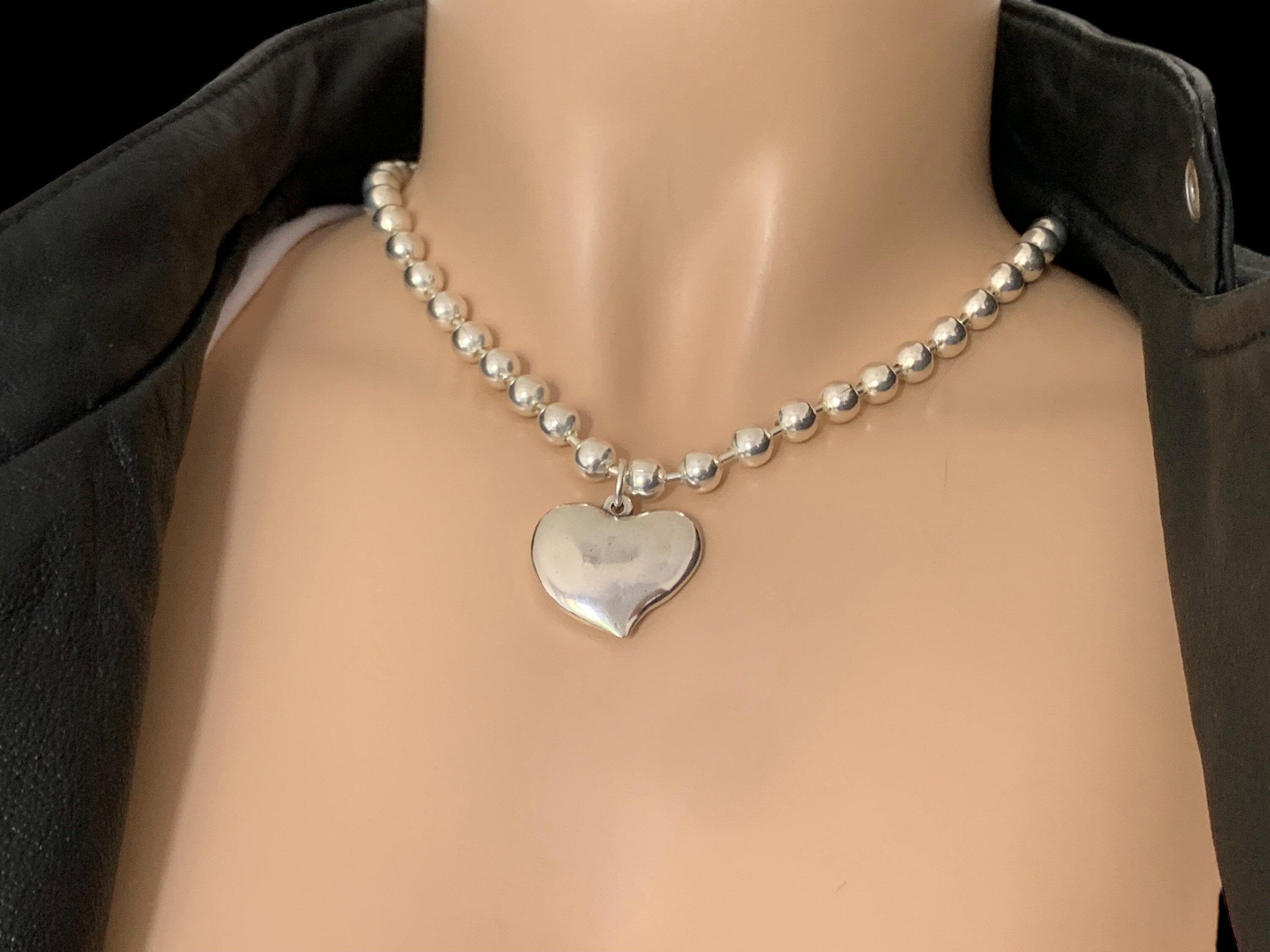 chunky balls silver chain necklace with heart pendant, thick ball chain necklace, uno de 50 style, silver choker, solid ball chain choker,
