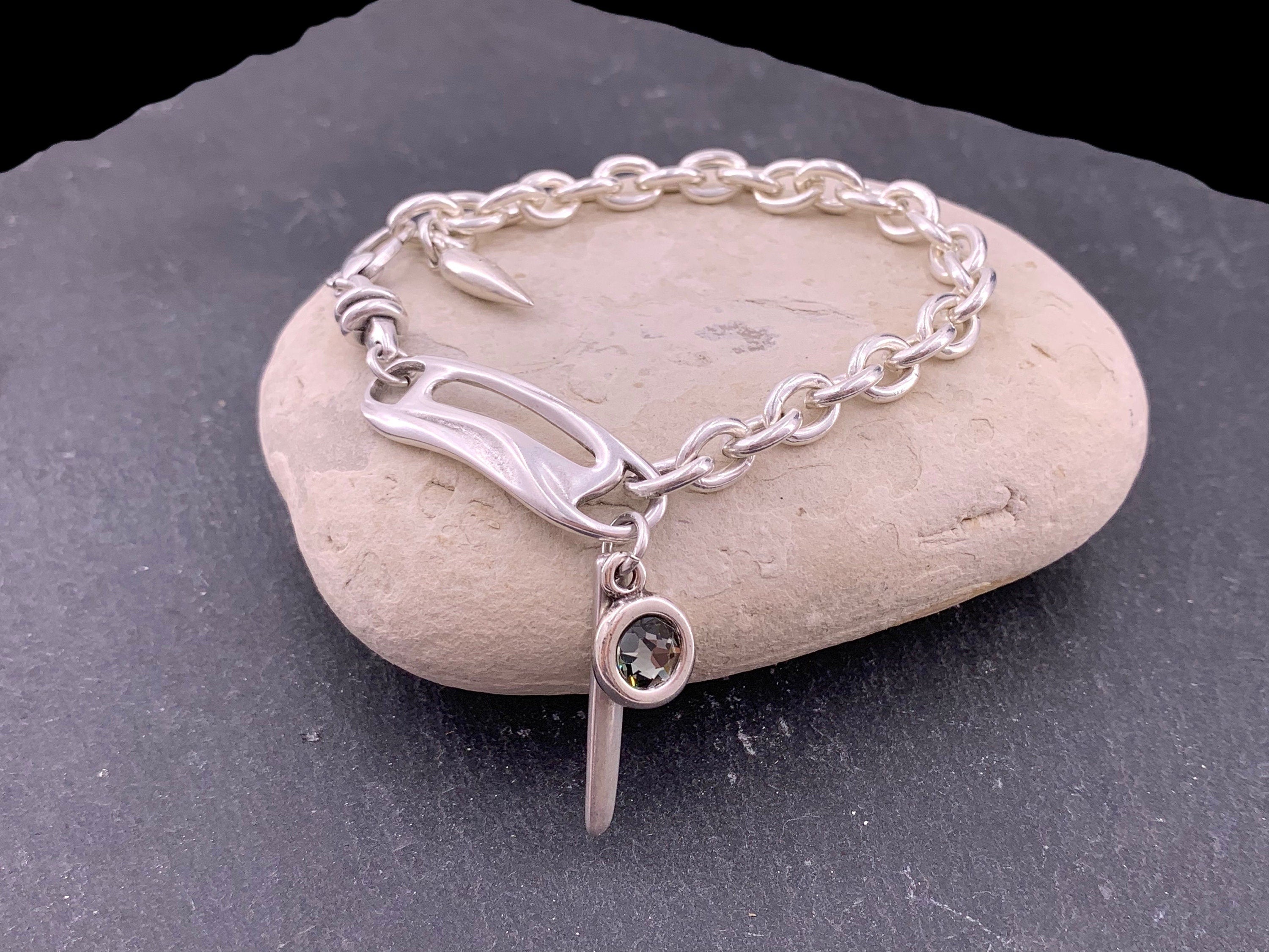 Chunky silver plated bracelet with Swarovski crystal charm, bold jewelry