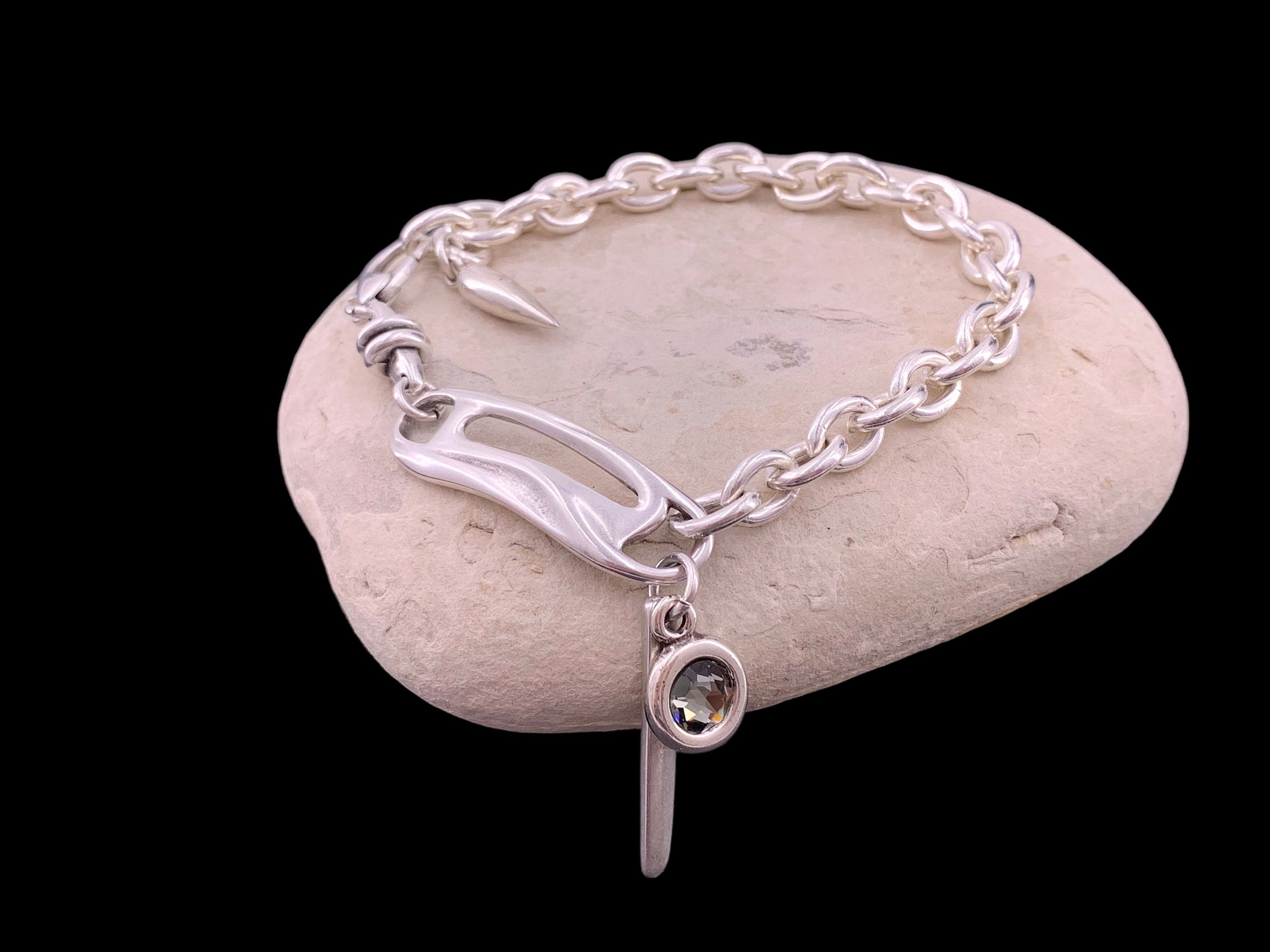 Chunky silver plated bracelet with Swarovski crystal charm, bold jewelry