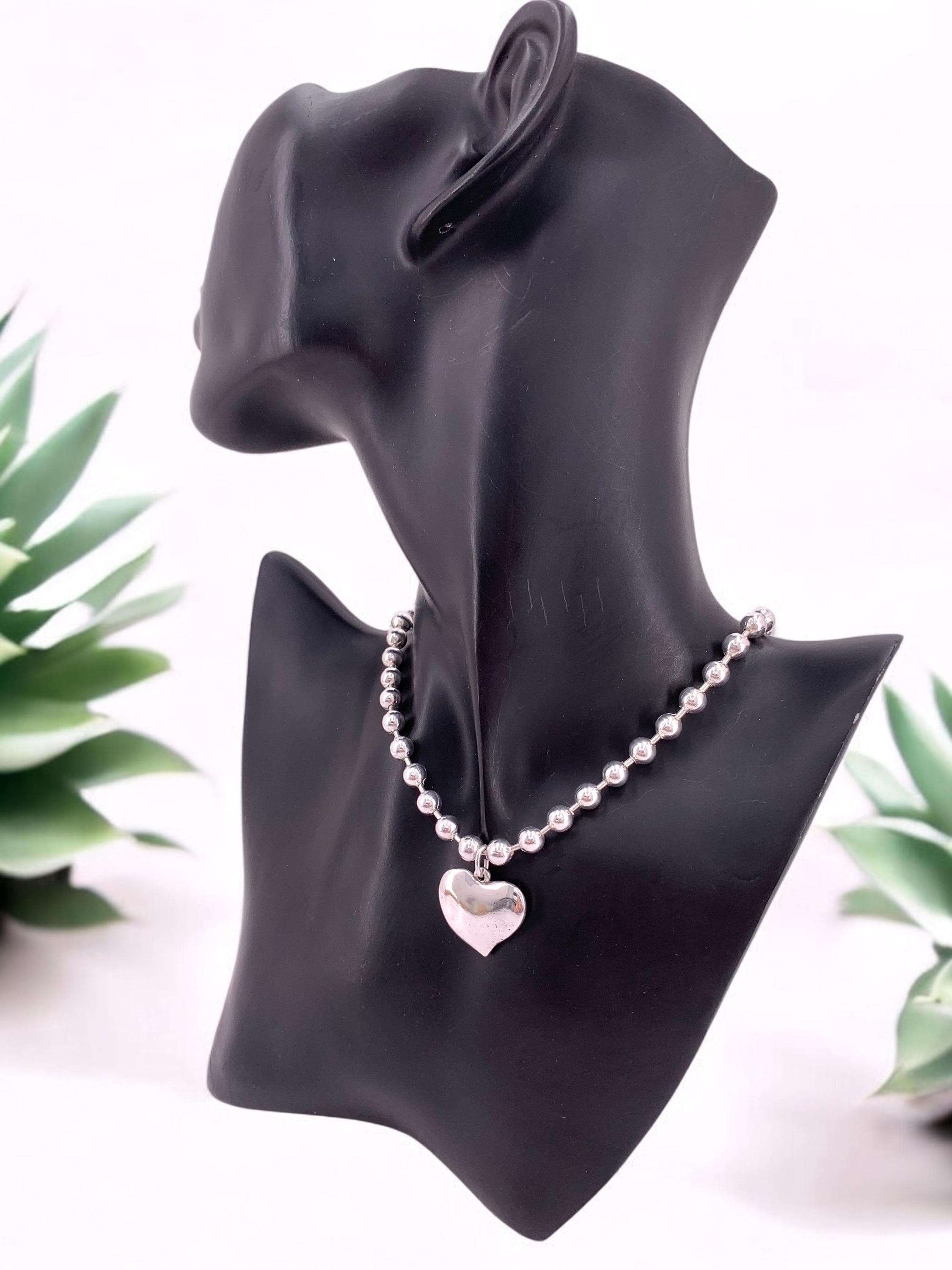 chunky balls silver chain necklace with heart pendant, thick ball chain necklace, uno de 50 style, silver choker, solid ball chain choker,