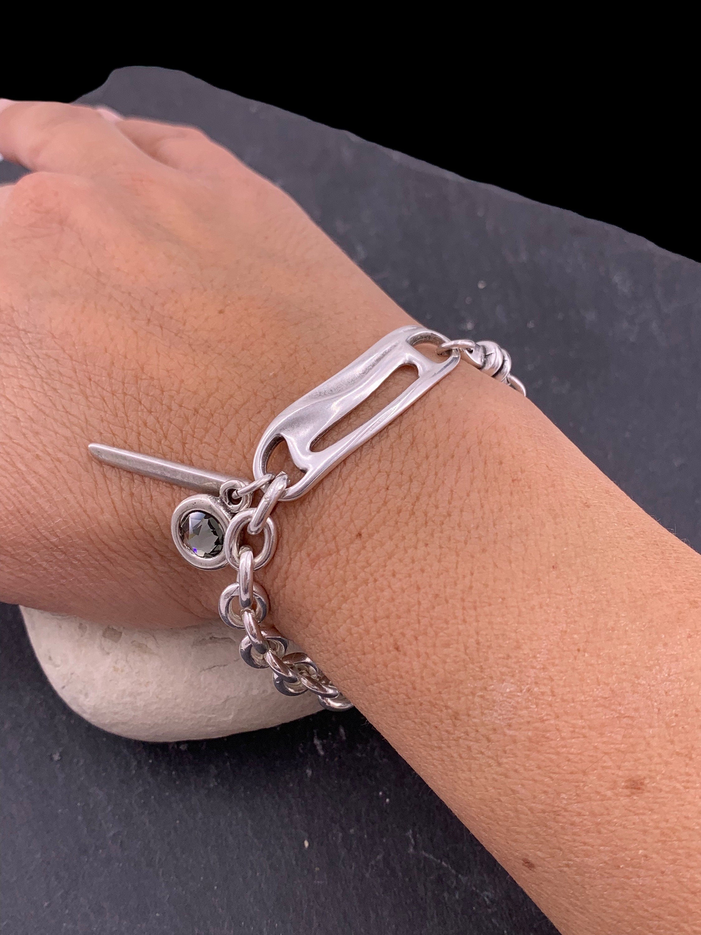 Chunky silver plated bracelet with Swarovski crystal charm, bold jewelry