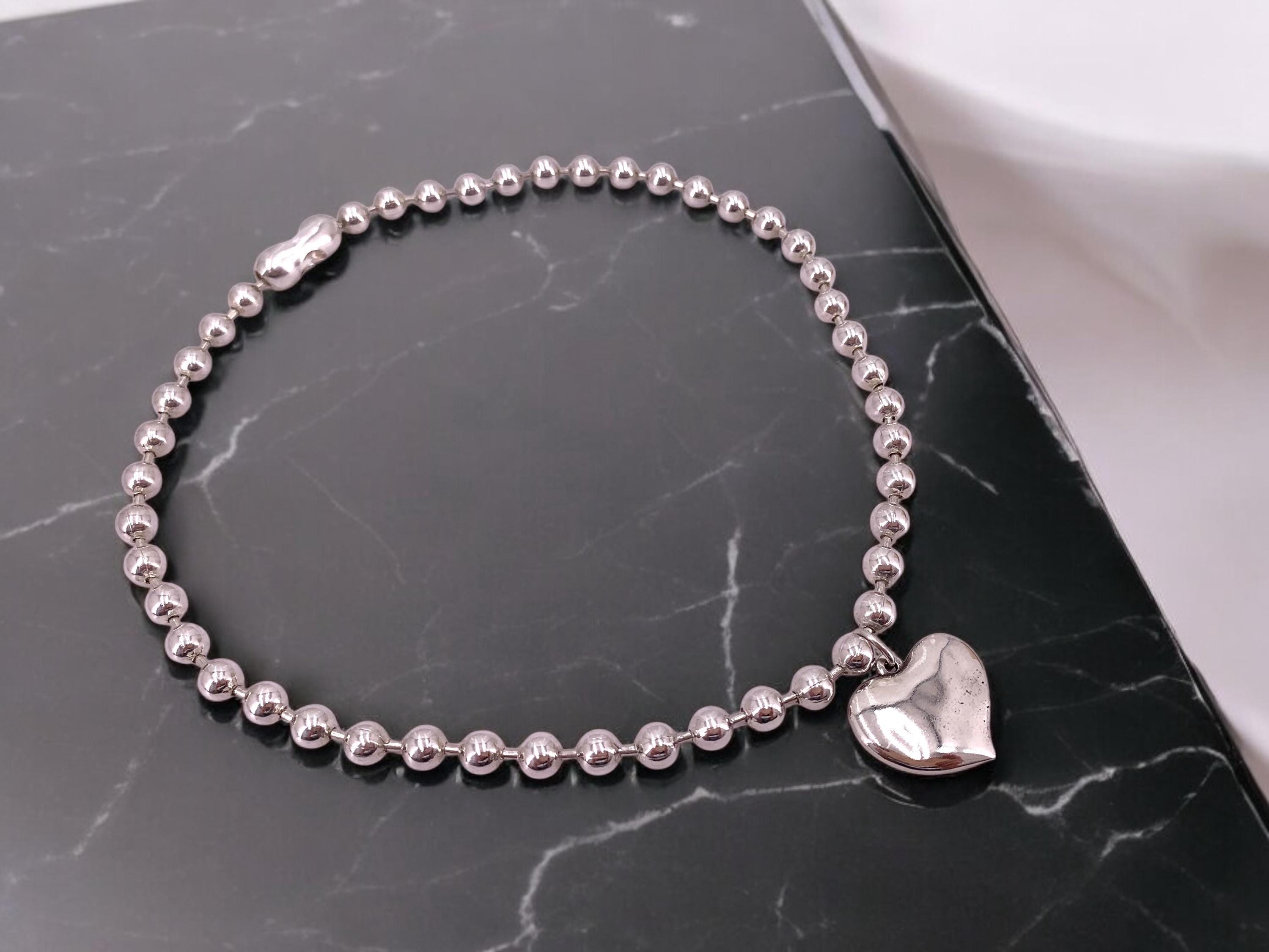 chunky balls silver chain necklace with heart pendant, thick ball chain necklace, uno de 50 style, silver choker, solid ball chain choker,