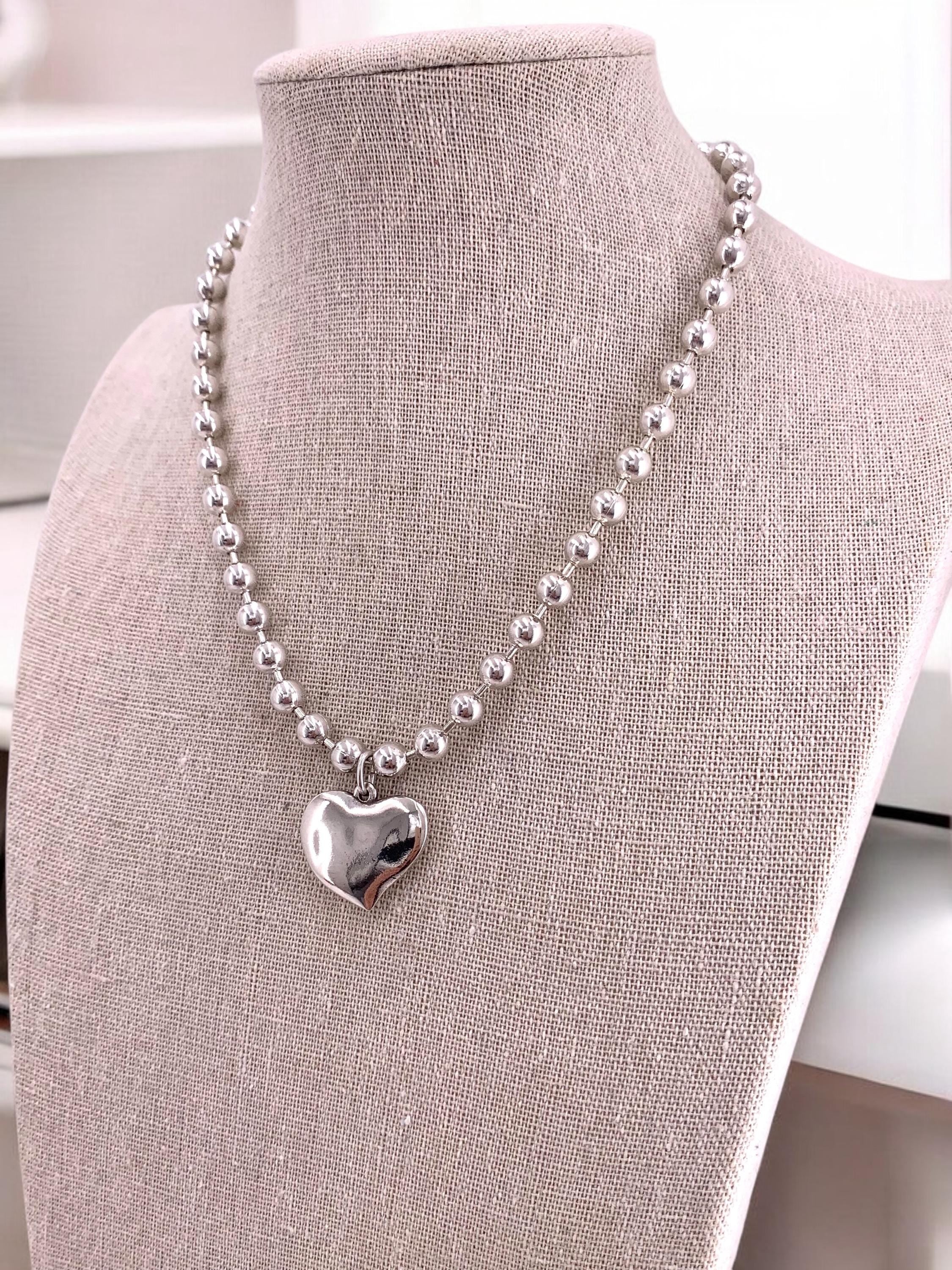 chunky balls silver chain necklace with heart pendant, thick ball chain necklace, uno de 50 style, silver choker, solid ball chain choker,
