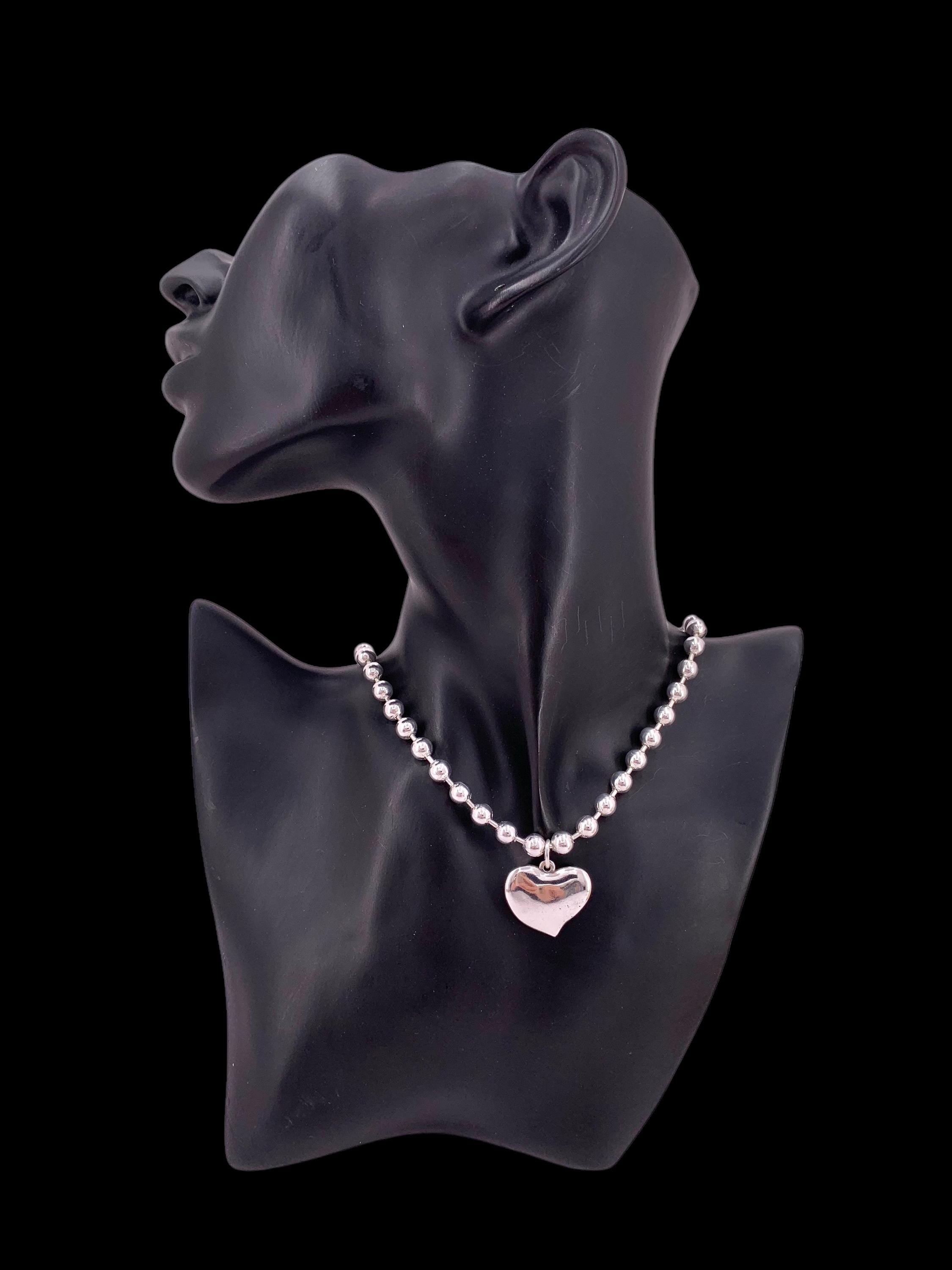 chunky balls silver chain necklace with heart pendant, thick ball chain necklace, uno de 50 style, silver choker, solid ball chain choker,