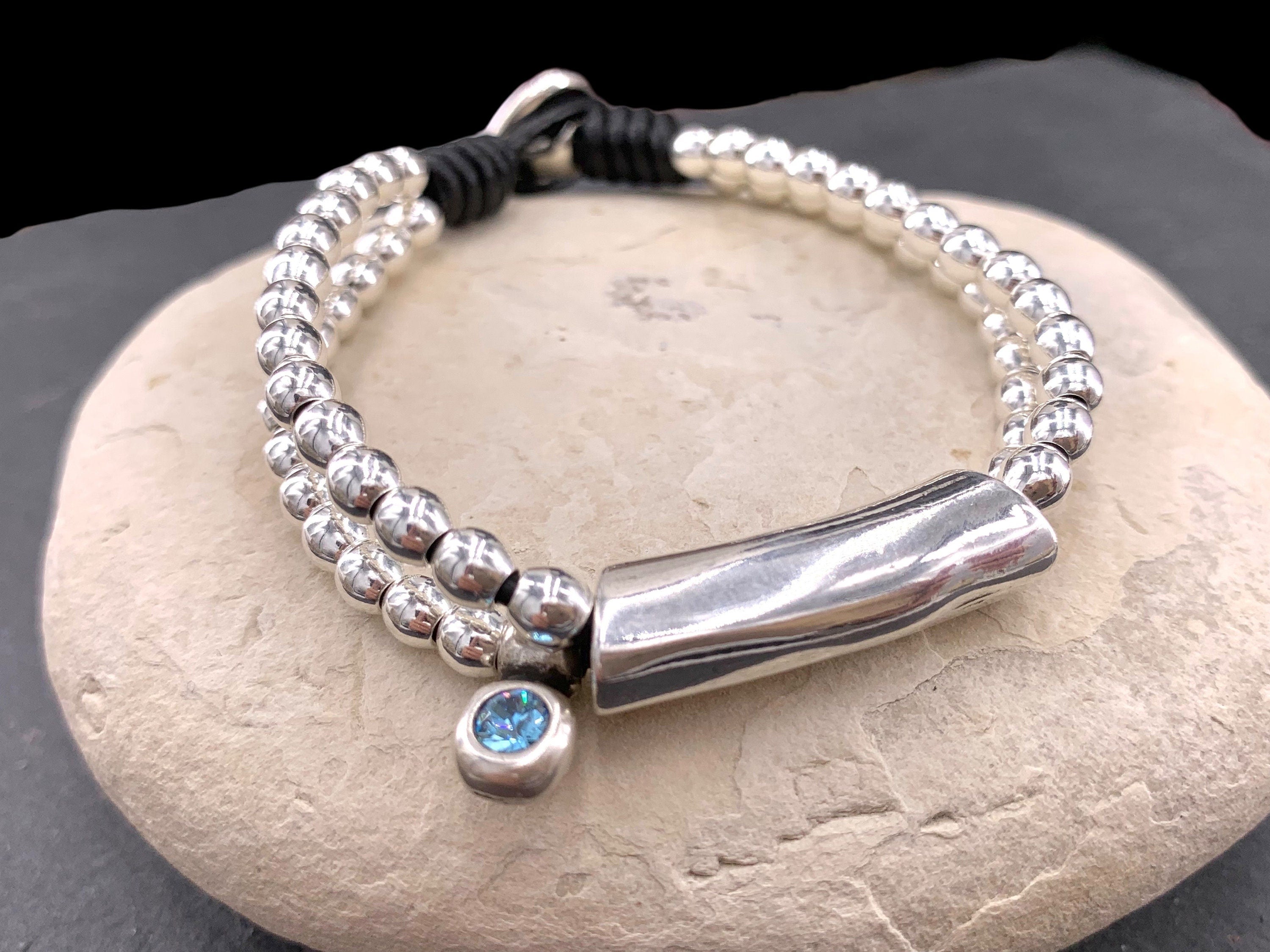 Woman boho leather beaded Bracelet, women leather bracelet, boho beaded , silver beads bracelet, leather bracelet,