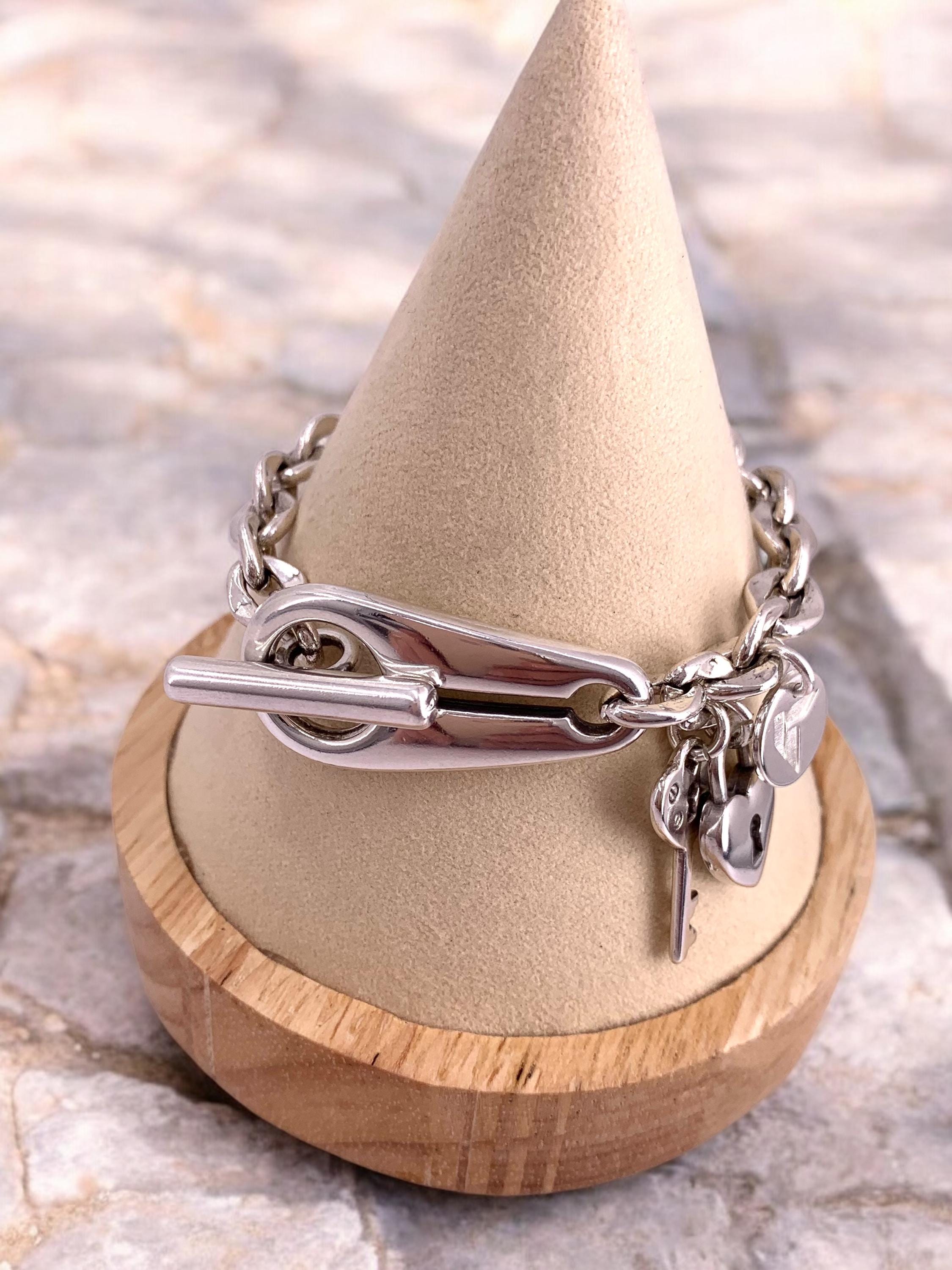 Chunky Silver Chain Bracelet with Padlock & Key Charms – Toggle Clasp – Made to Wrist Size – Kukuri Handmade Exclusive design