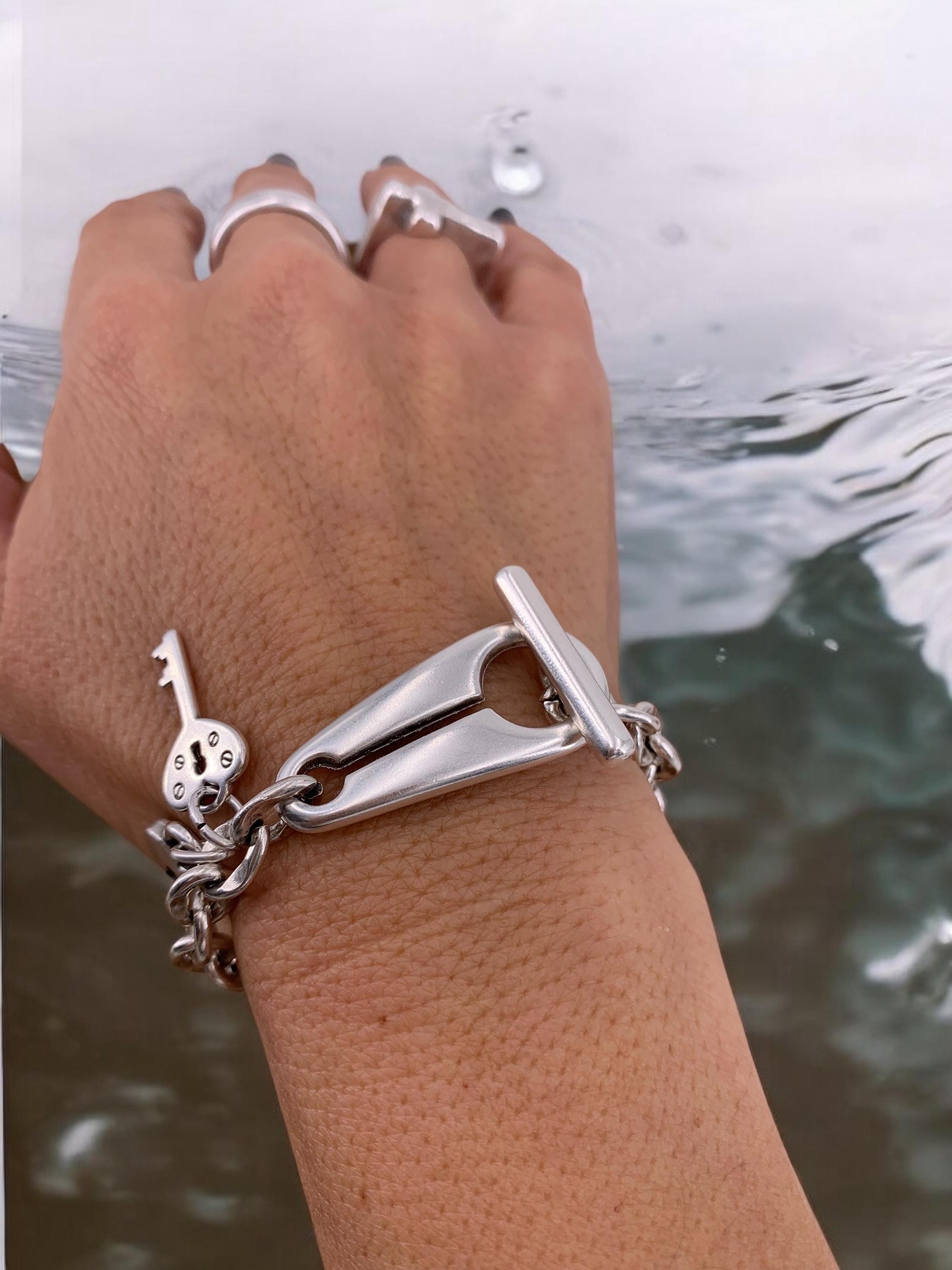 Chunky Silver Chain Bracelet with Padlock & Key Charms – Toggle Clasp – Made to Wrist Size – Kukuri Handmade Exclusive design