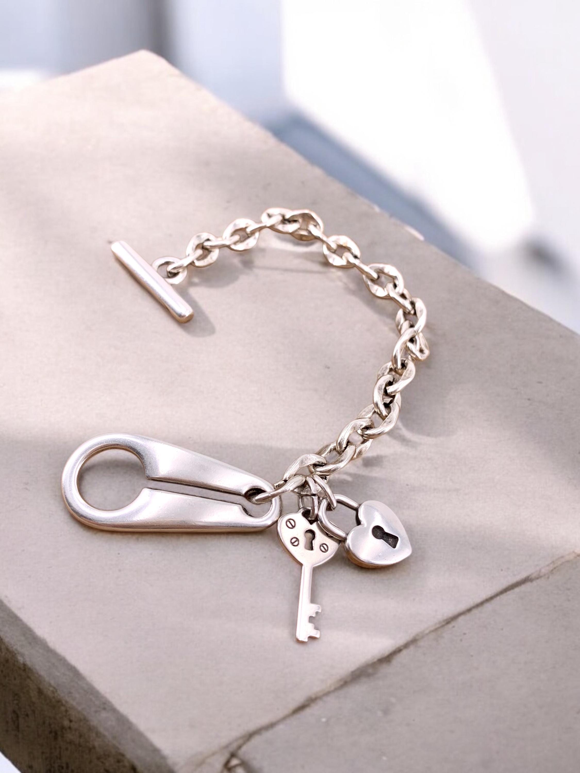 Chunky Silver Chain Bracelet with Padlock & Key Charms – Toggle Clasp – Made to Wrist Size – Kukuri Handmade Exclusive design