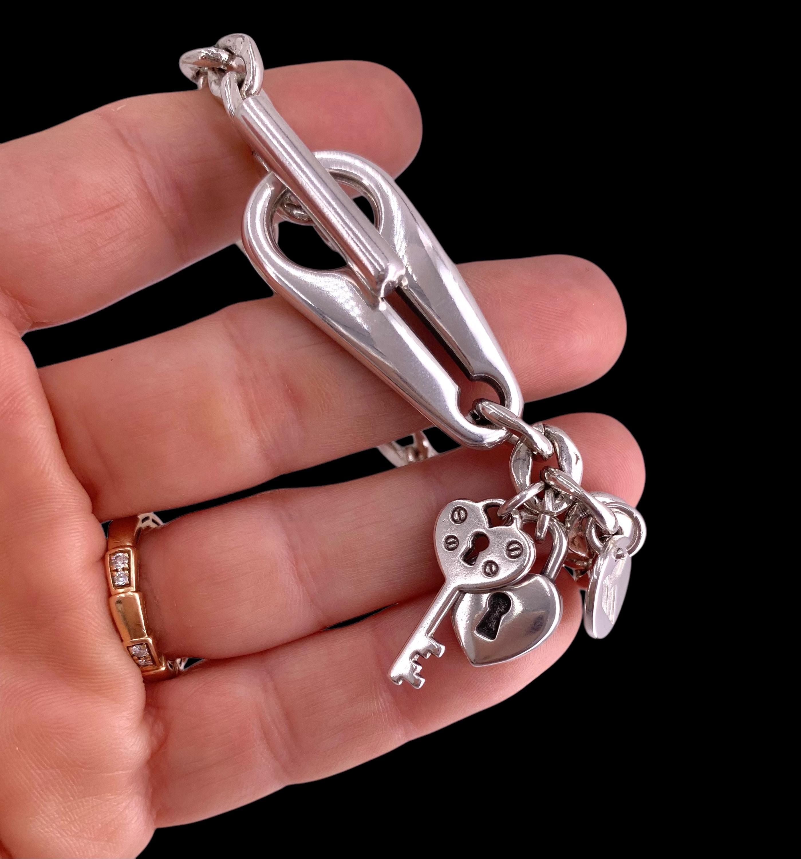 Chunky Silver Chain Bracelet with Padlock & Key Charms – Toggle Clasp – Made to Wrist Size – Kukuri Handmade Exclusive design