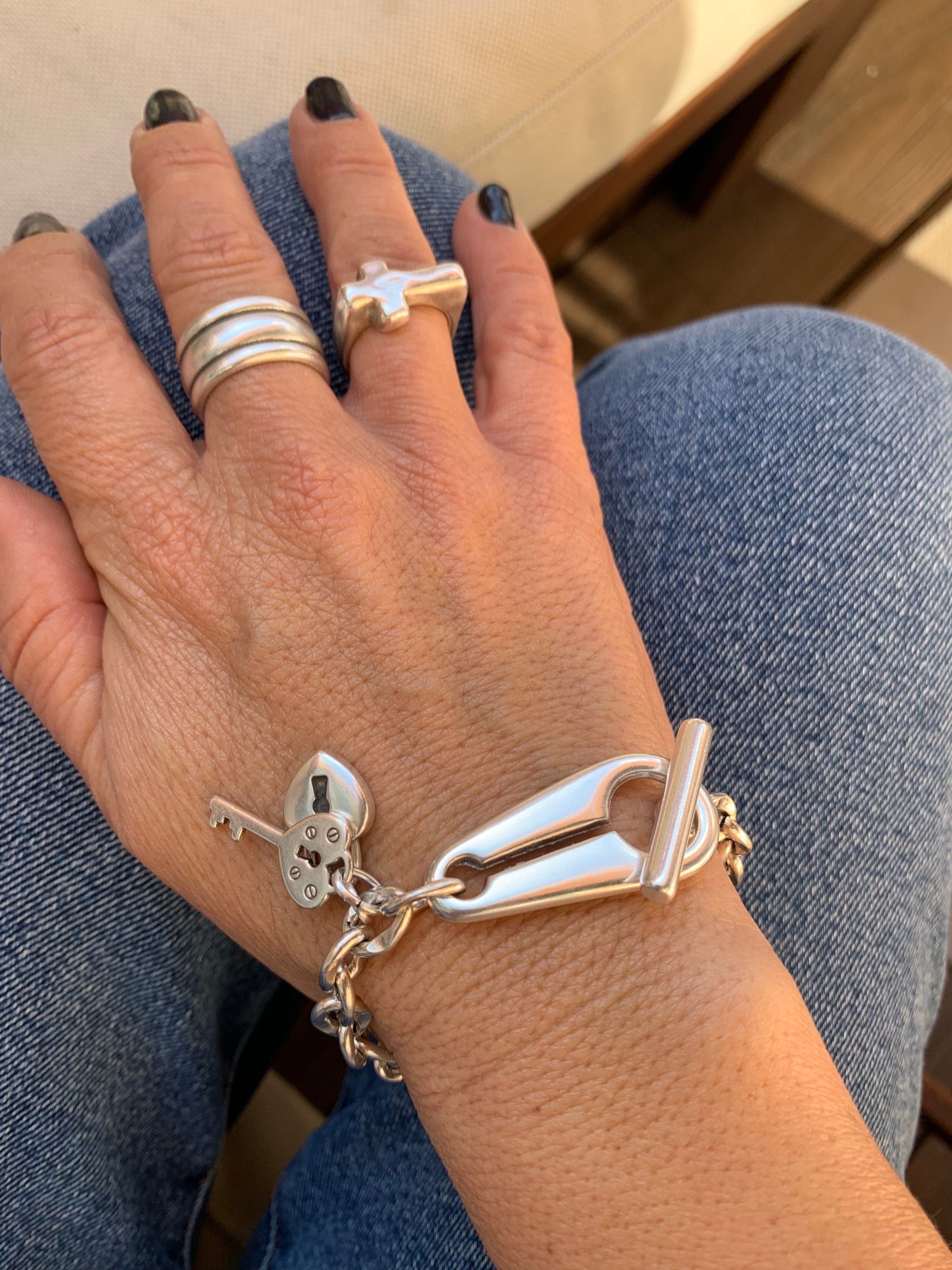 Chunky Silver Chain Bracelet with Padlock & Key Charms – Toggle Clasp – Made to Wrist Size – Kukuri Handmade Exclusive design