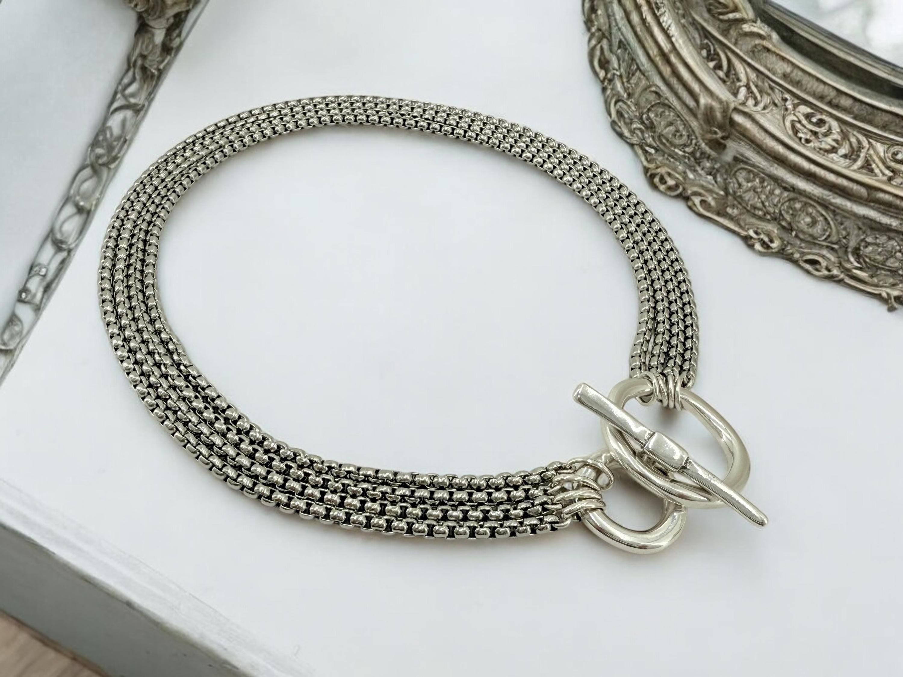 Layering silver chunky chain toggle necklace, statement multi strand choker, layered choker, black silver necklace, steel necklace, gift