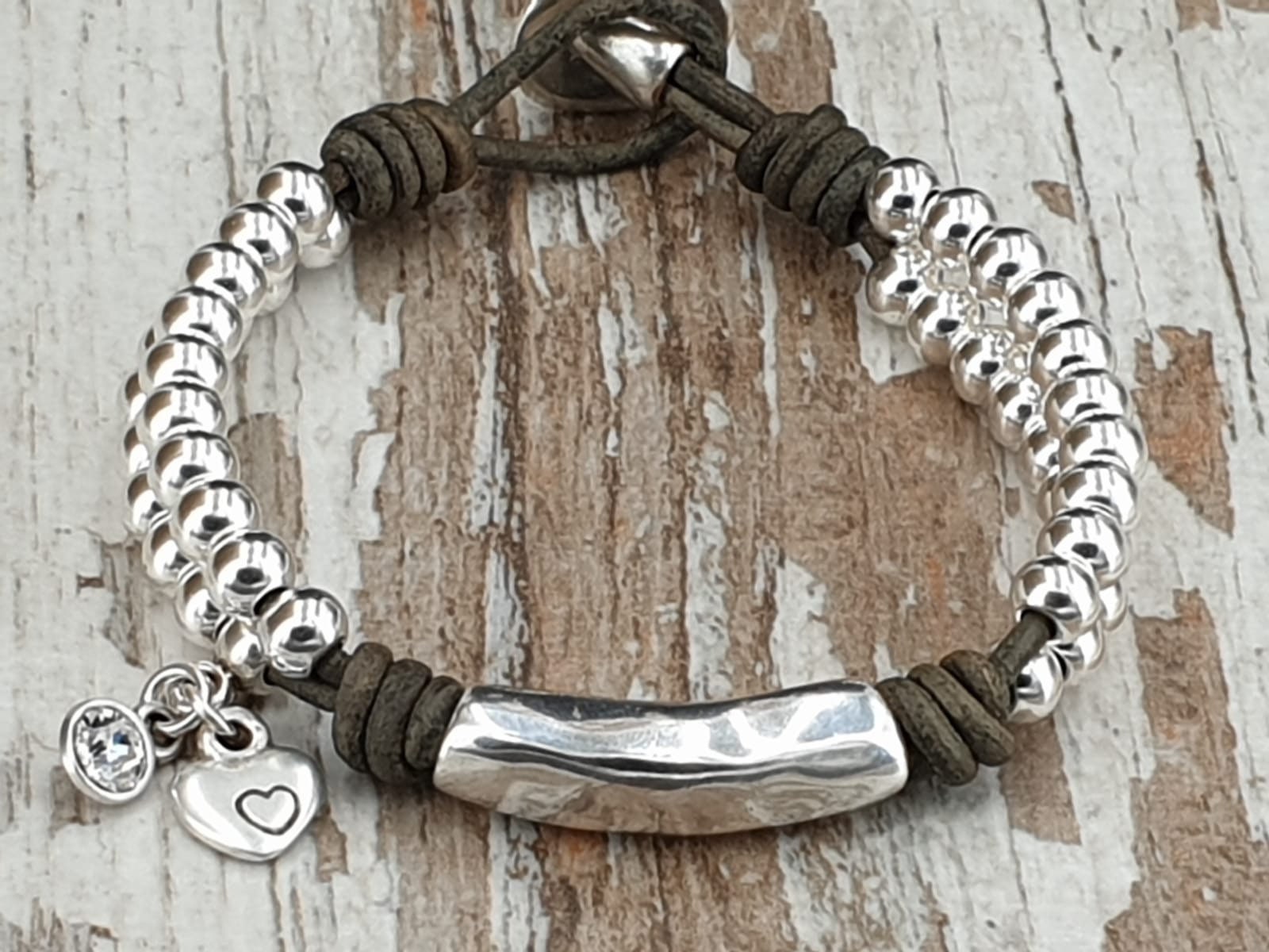 Leather and silver unique style bracelet, beaded leather bracelet, bohemian bracelet, charms tribal bracelet, custom silver tube bracelet,