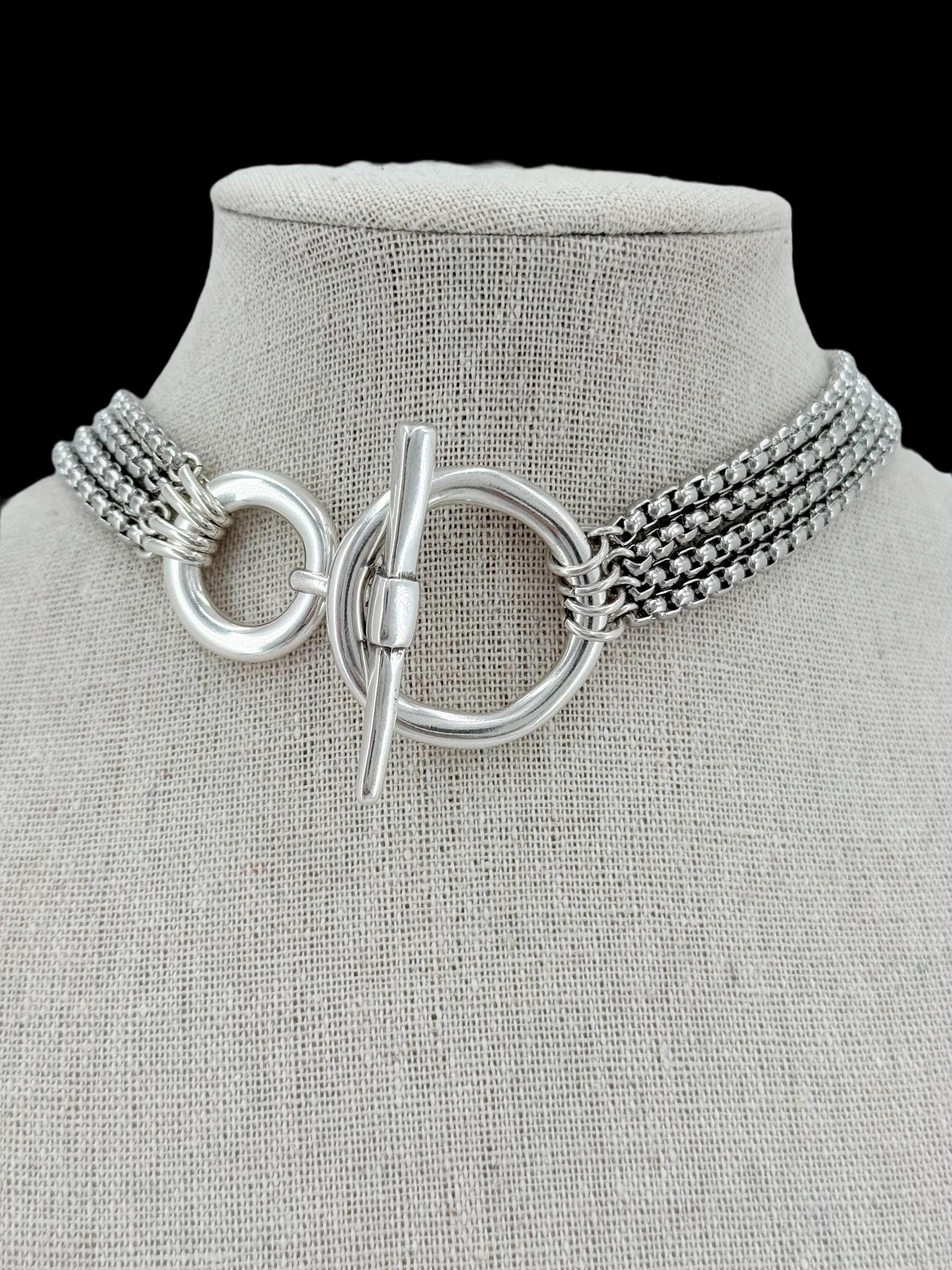 Layering silver chunky chain toggle necklace, statement multi strand choker, layered choker, black silver necklace, steel necklace, gift