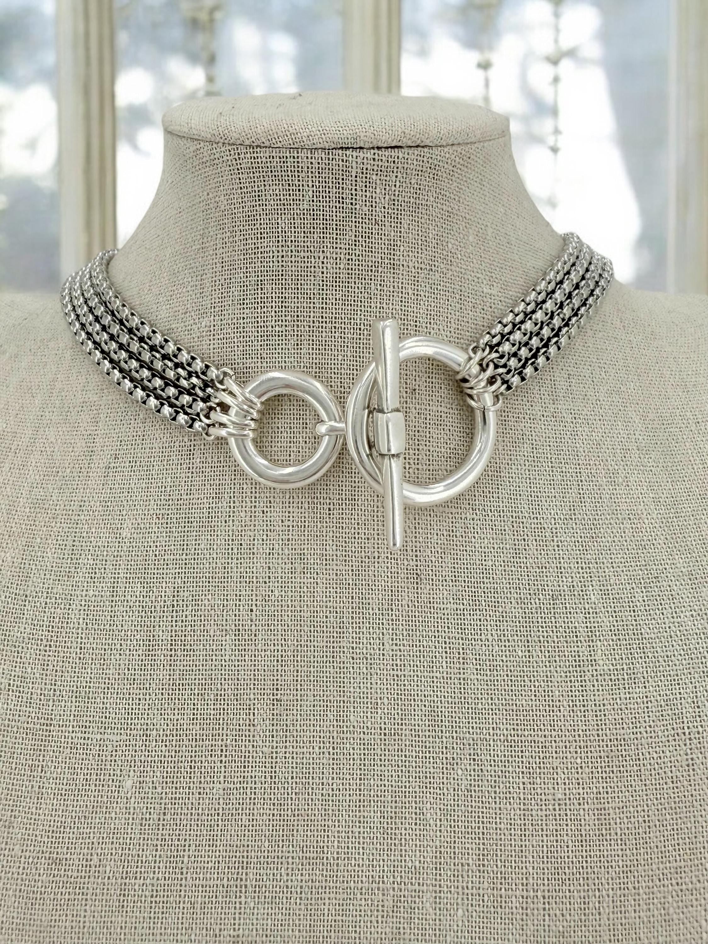 Layering silver chunky chain toggle necklace, statement multi strand choker, layered choker, black silver necklace, steel necklace, gift