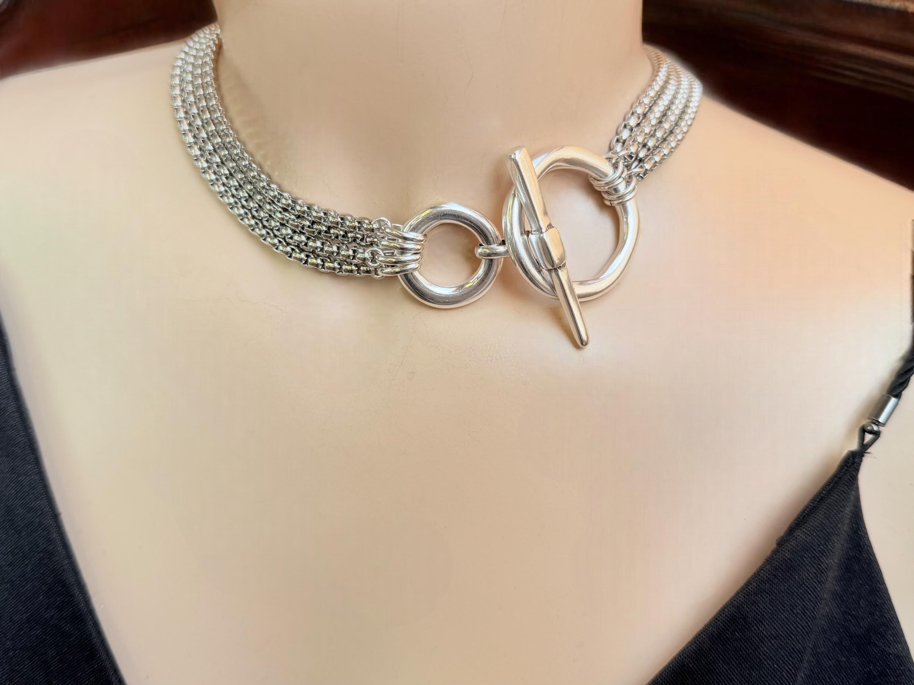 Layering silver chunky chain toggle necklace, statement multi strand choker, layered choker, black silver necklace, steel necklace, gift