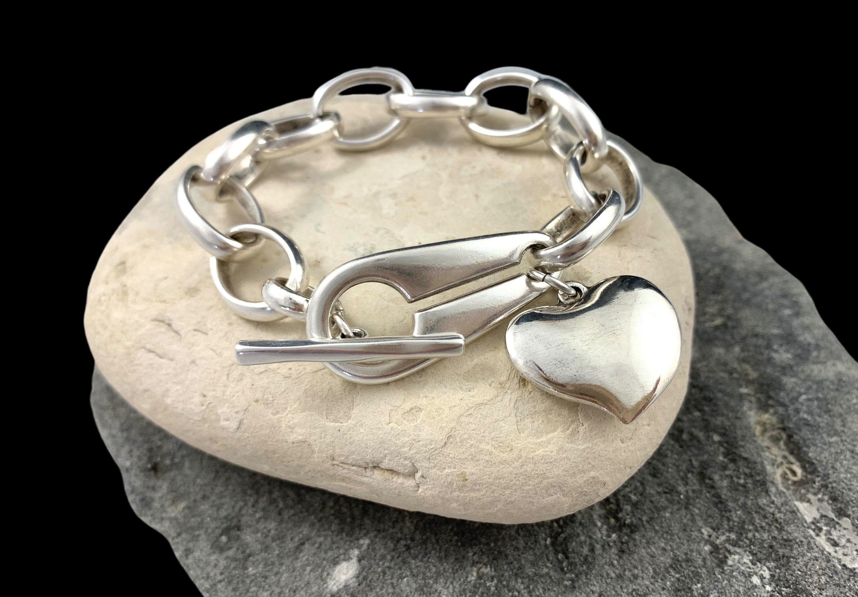 Chunky Silver Chain statement Bracelet – Heart Charm Pendant – Modern Toggle Clasp – Solid Statement Jewelry – Custom Fit,