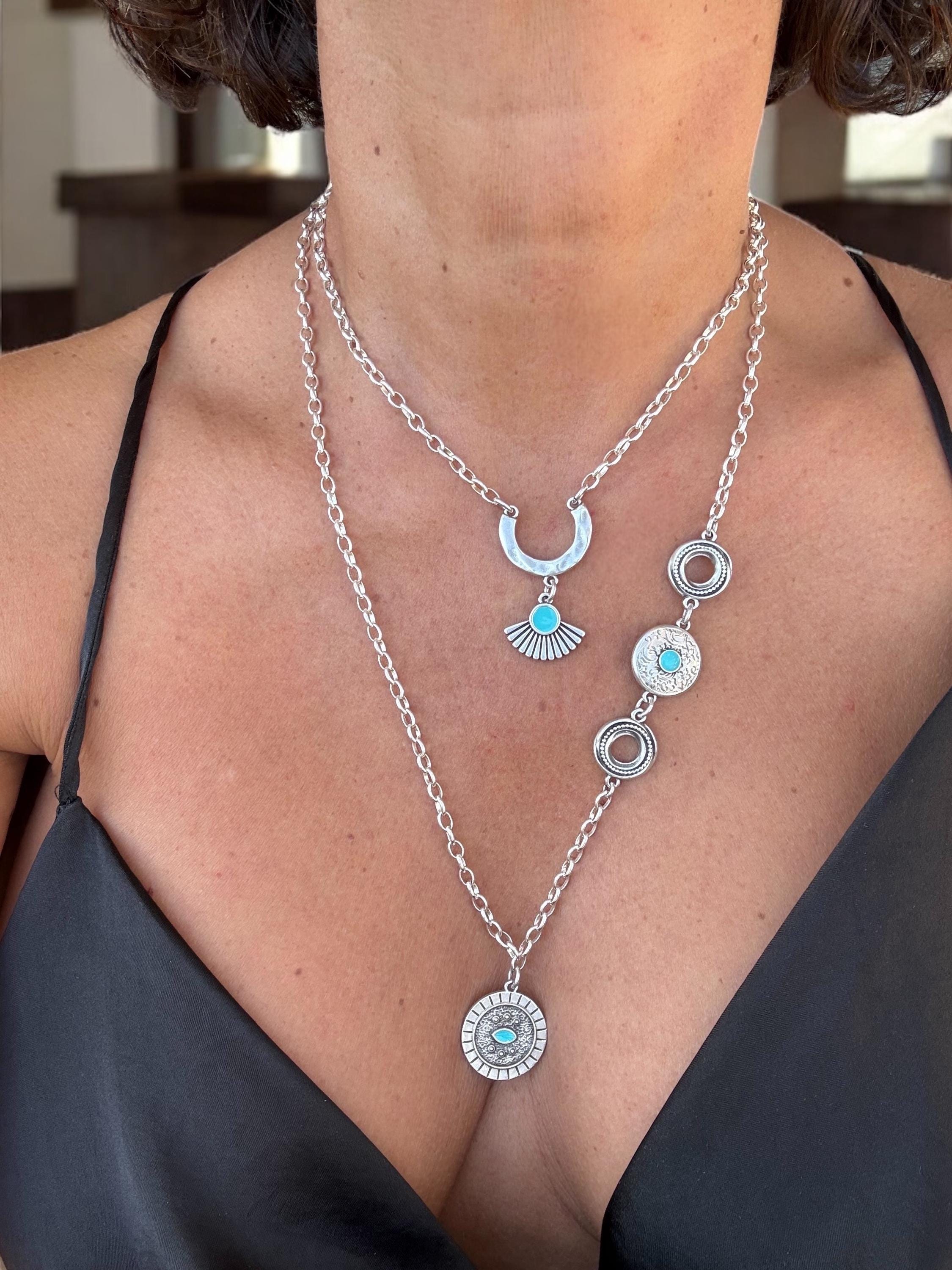 Boho Tribal Layered Necklaces – Silver-Plated with Turquoise Enamel – Summer Statement Jewelry - layering outfit - gift for her