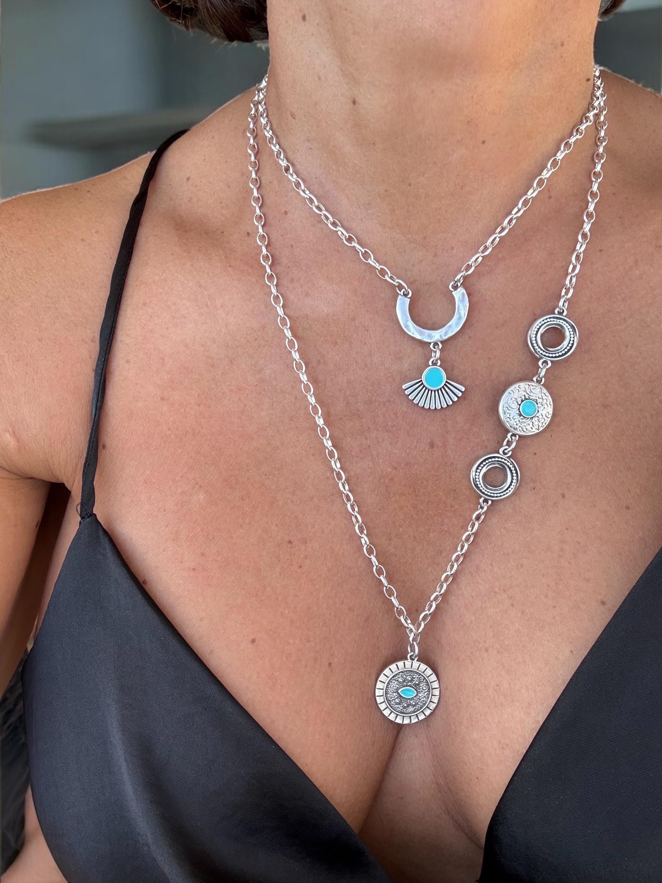 Boho Tribal Layered Necklaces – Silver-Plated with Turquoise Enamel – Summer Statement Jewelry - layering outfit - gift for her